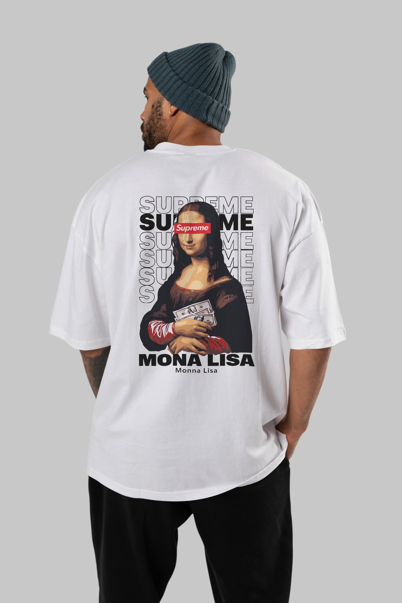 Mona Lisa Supreme Arka Baskılı Oversize t-shirt Erkek Kadın %100 Pamuk Bisiklet Yaka tişort