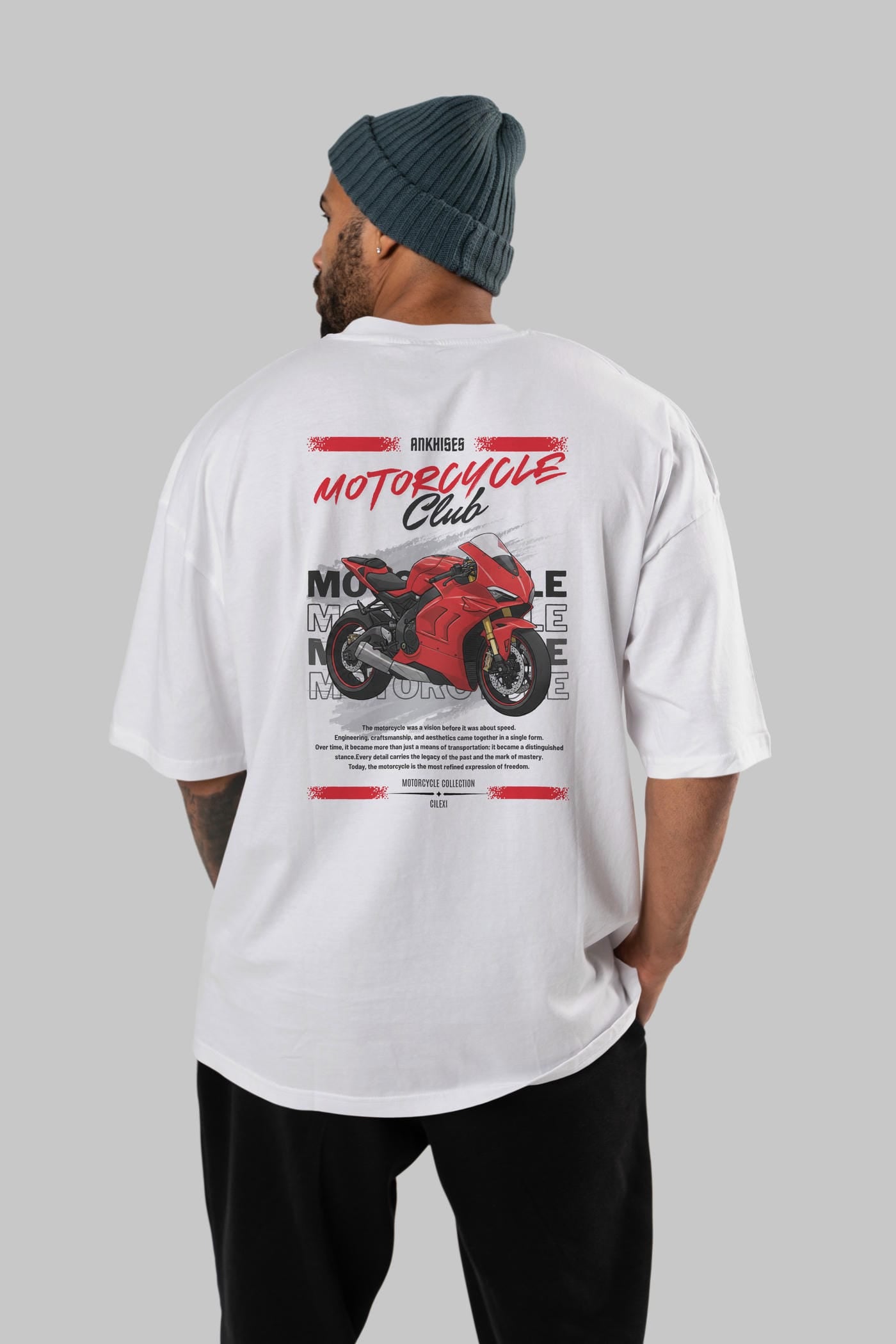 Motosiklet Serisi 7 Arka Baskılı Oversize t-shirt Erkek Kadın %100 Pamuk Bisiklet Yaka tişort