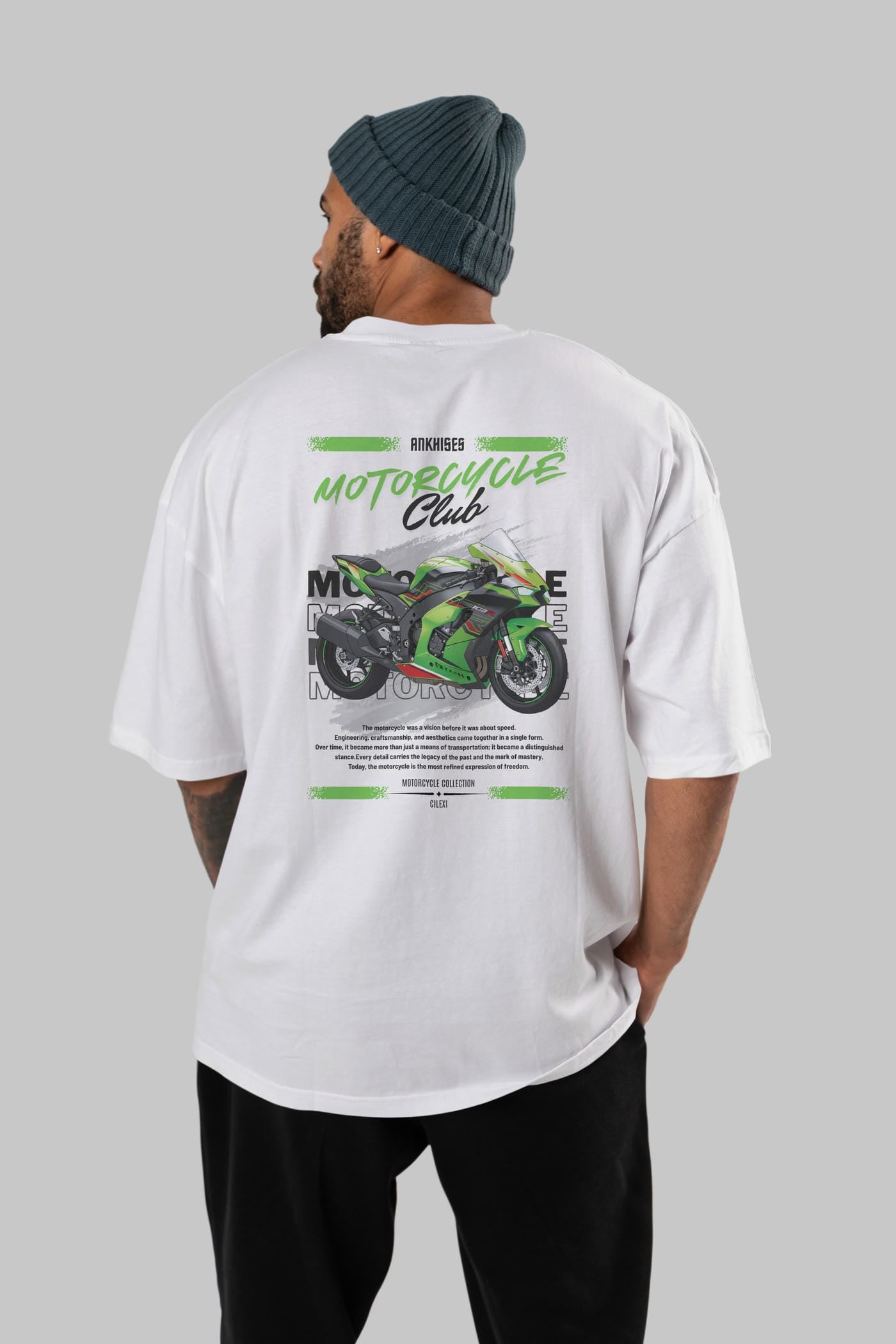 Motosiklet Serisi 14 Arka Baskılı Oversize t-shirt Erkek Kadın %100 Pamuk Bisiklet Yaka tişort