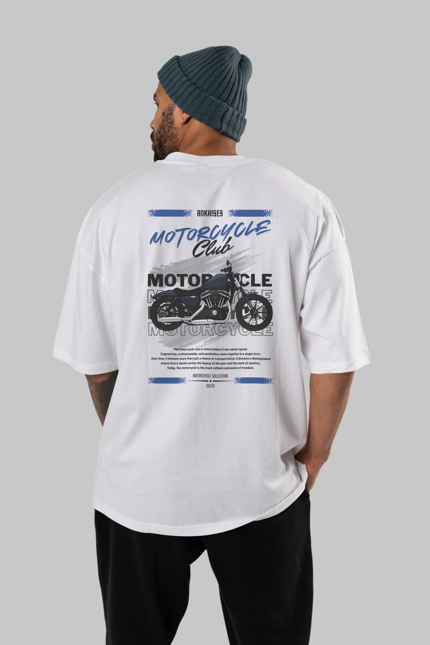 Motosiklet Serisi 30 Arka Baskılı Oversize t-shirt Erkek Kadın %100 Pamuk Bisiklet Yaka tişort