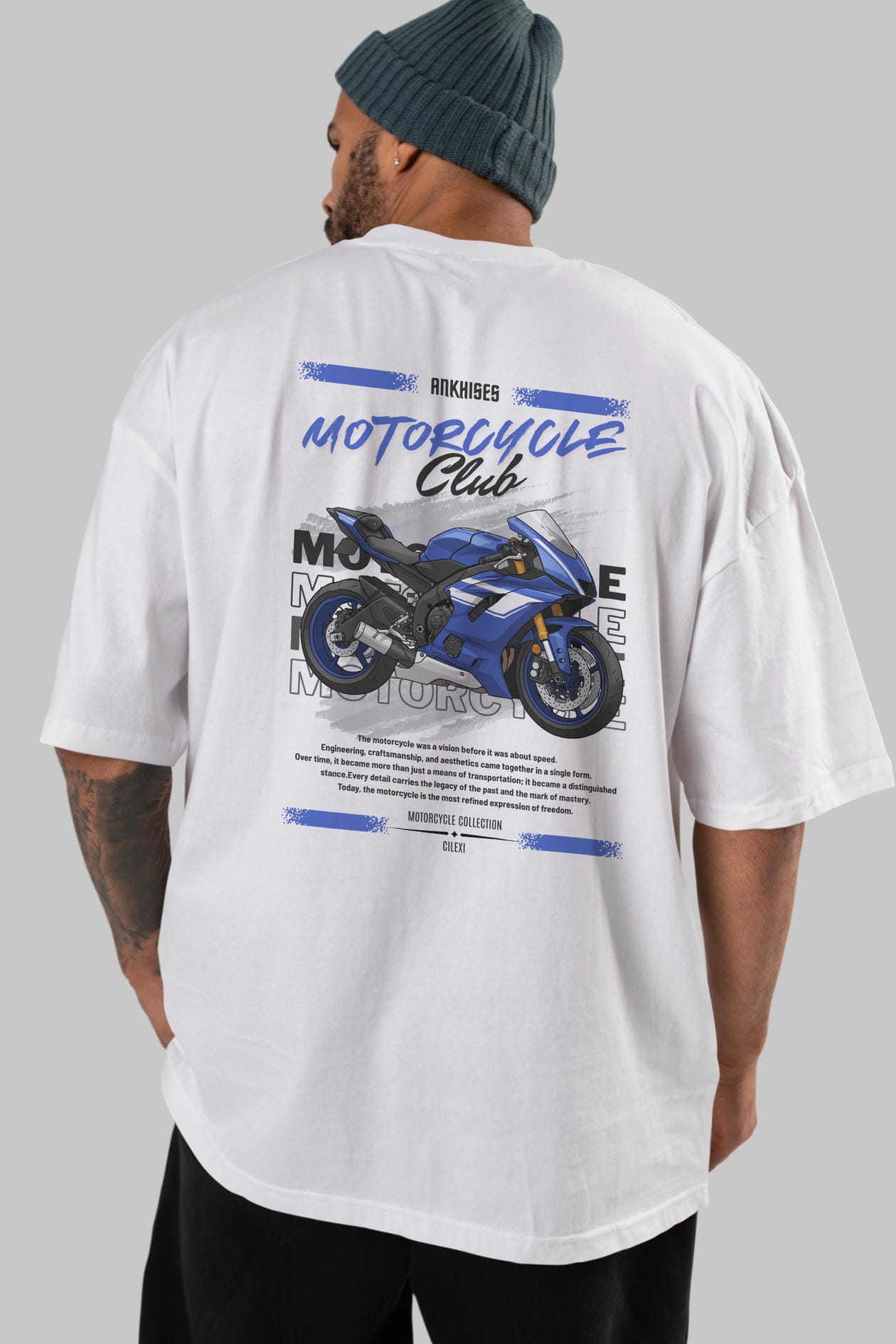 Motosiklet Serisi 32 Arka Baskılı Oversize t-shirt Erkek Kadın %100 Pamuk Bisiklet Yaka tişort