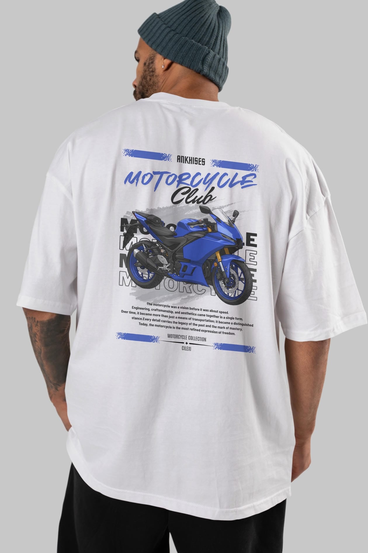 Motosiklet Serisi 33 Arka Baskılı Oversize t-shirt Erkek Kadın %100 Pamuk Bisiklet Yaka tişort