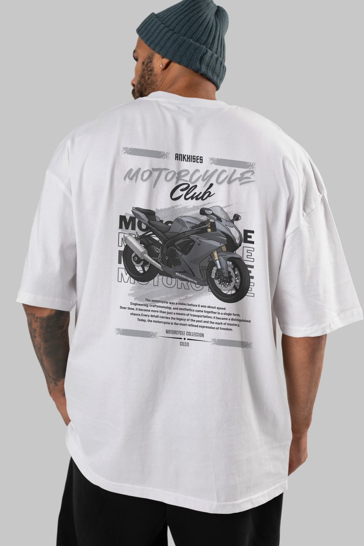 Motosiklet Serisi 10 Arka Baskılı Oversize t-shirt Erkek Kadın %100 Pamuk Bisiklet Yaka tişort
