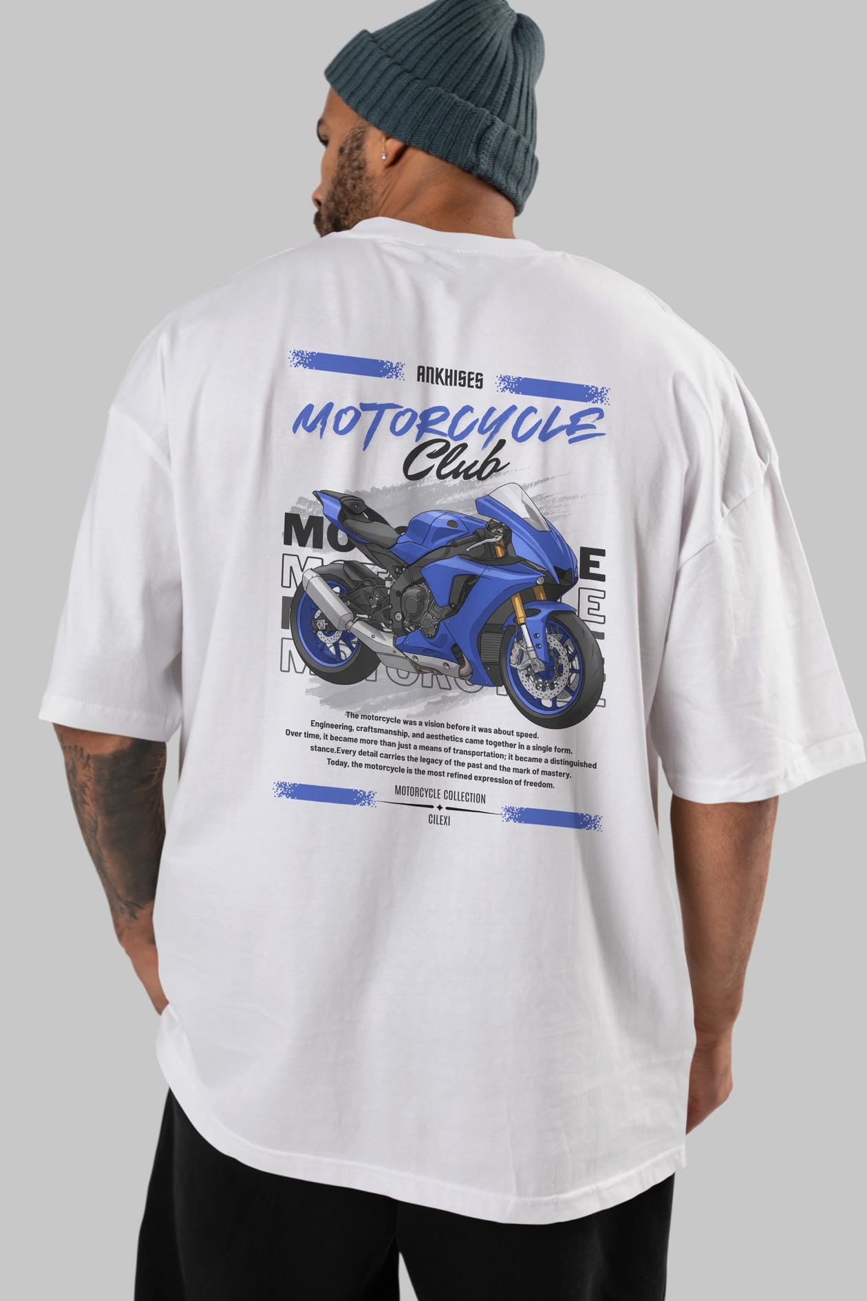 Motosiklet Serisi 31 Arka Baskılı Oversize t-shirt Erkek Kadın %100 Pamuk Bisiklet Yaka tişort