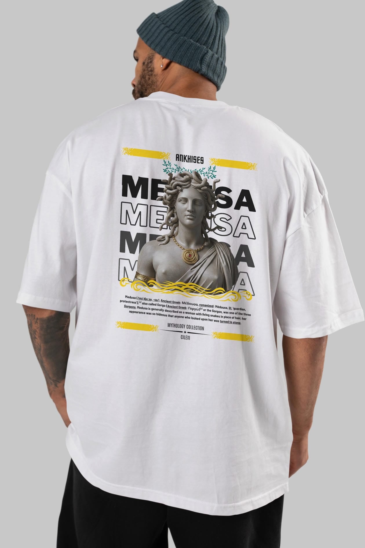 Medusa 4 Arka Baskılı Oversize t-shirt Erkek Kadın %100 Pamuk Bisiklet Yaka tişort