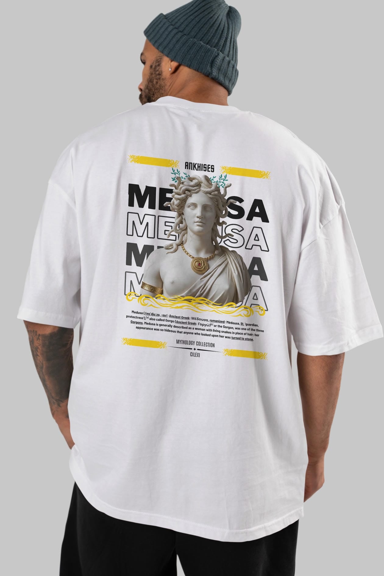 Medusa 3 Arka Baskılı Oversize t-shirt Erkek Kadın %100 Pamuk Bisiklet Yaka tişort