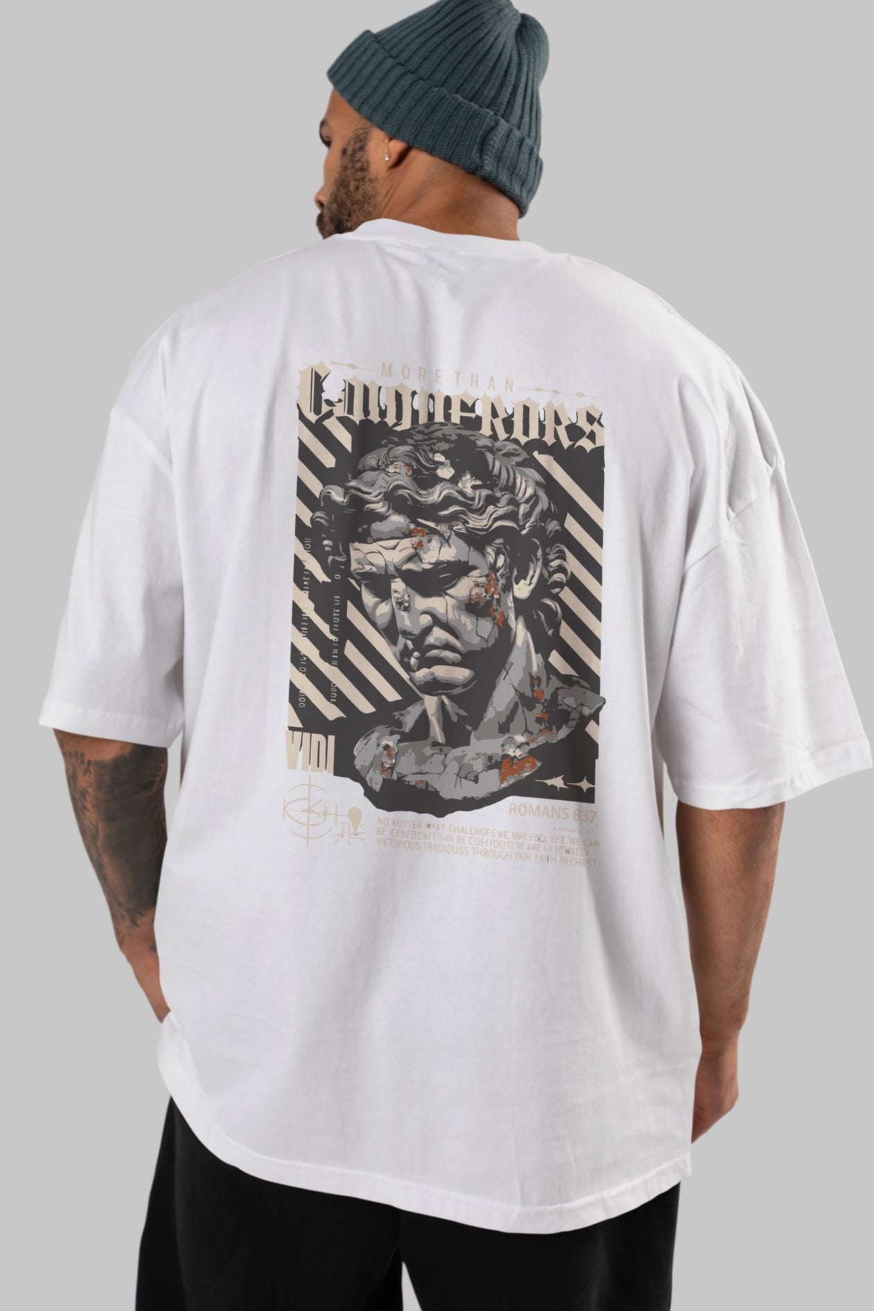 Roman Conqueror Arka Baskılı Oversize t-shirt Erkek Kadın %100 Pamuk Bisiklet Yaka tişort