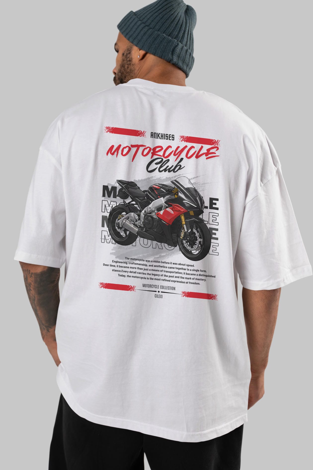 Motosiklet Serisi 8 Arka Baskılı Oversize t-shirt Erkek Kadın %100 Pamuk Bisiklet Yaka tişort