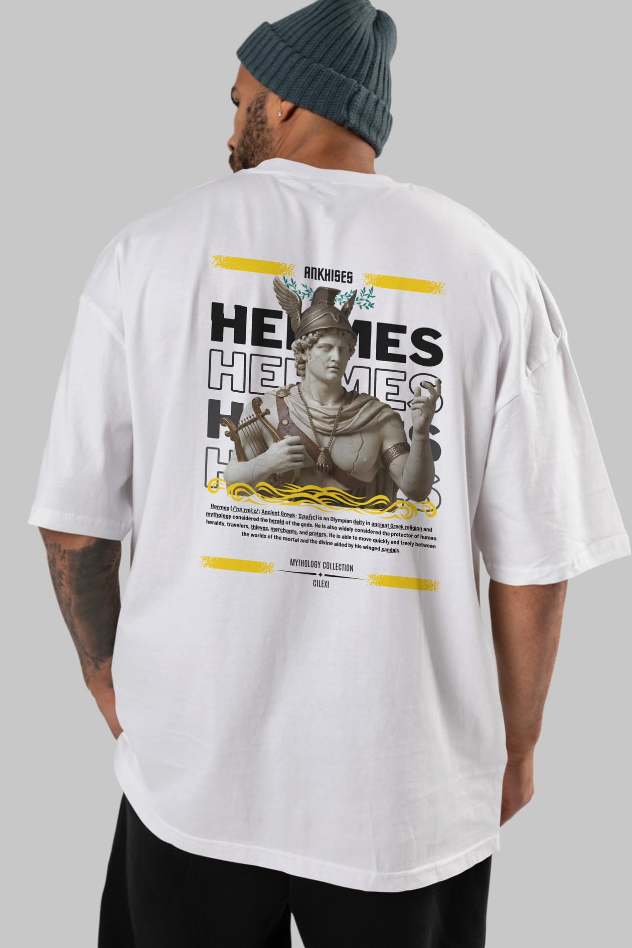 Hermes 2 Arka Baskılı Oversize t-shirt Erkek Kadın %100 Pamuk Bisiklet Yaka tişort