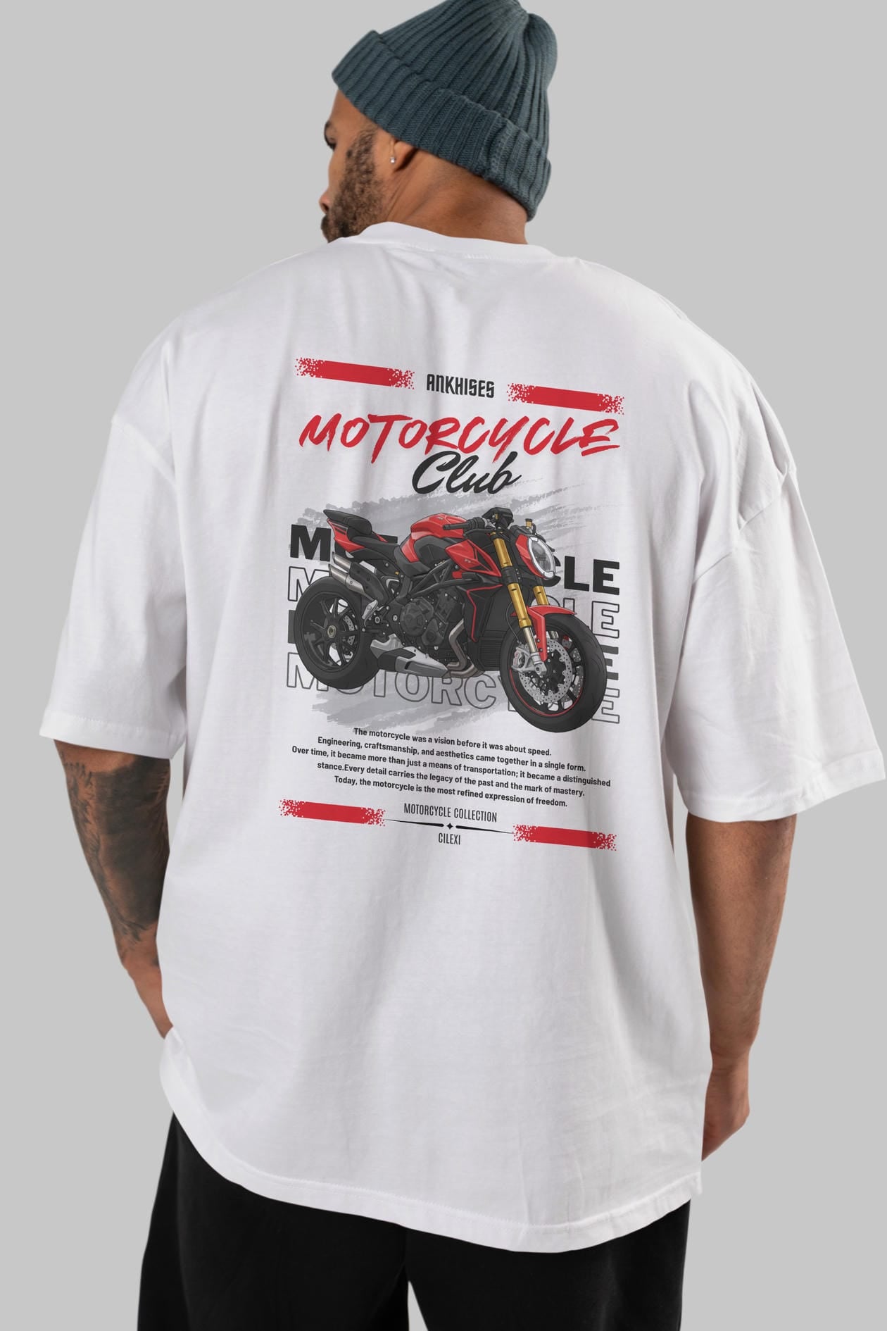 Motosiklet Serisi 26 Arka Baskılı Oversize t-shirt Erkek Kadın %100 Pamuk Bisiklet Yaka tişort