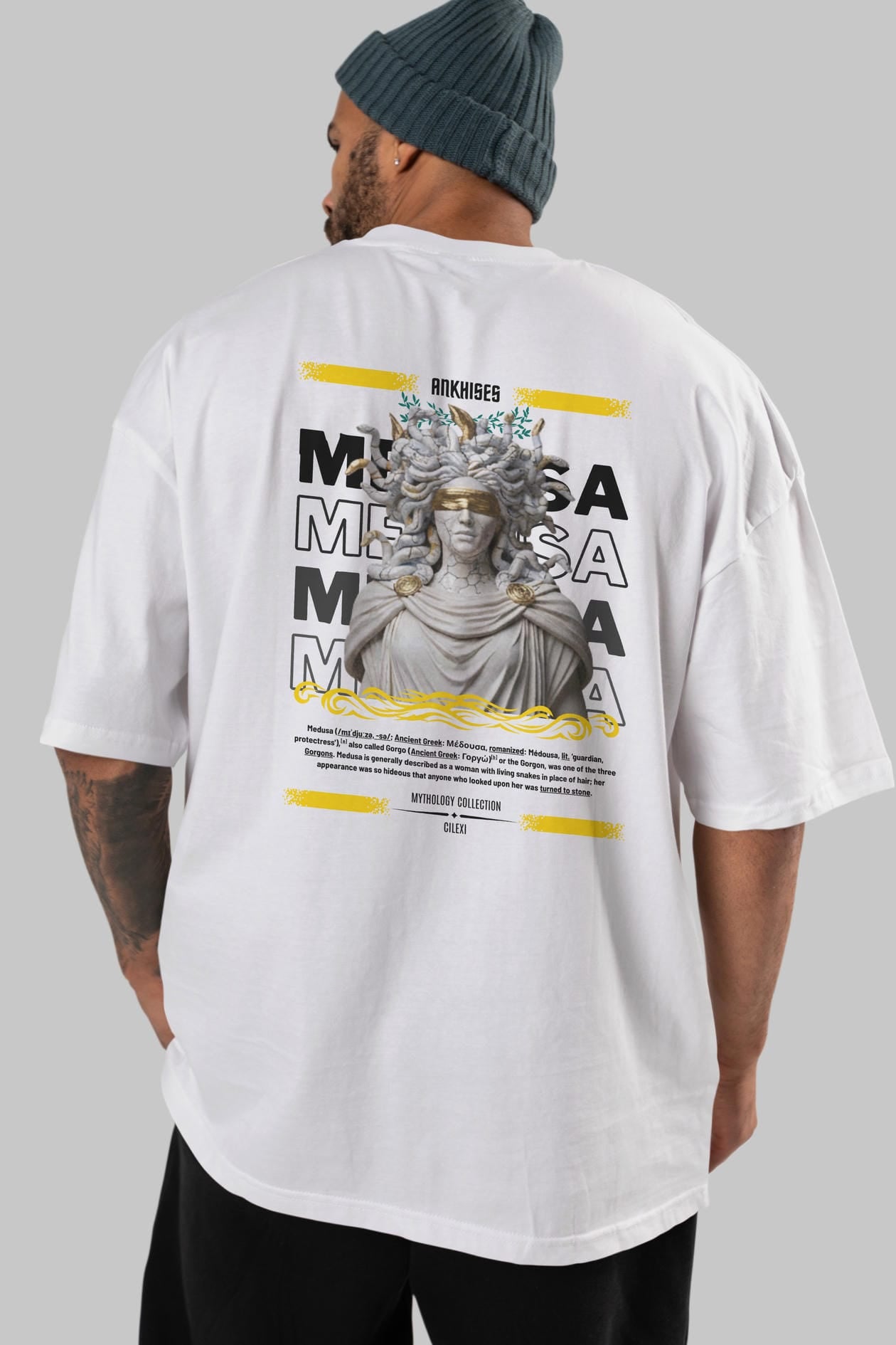 Medusa 2 Arka Baskılı Oversize t-shirt Erkek Kadın %100 Pamuk Bisiklet Yaka tişort