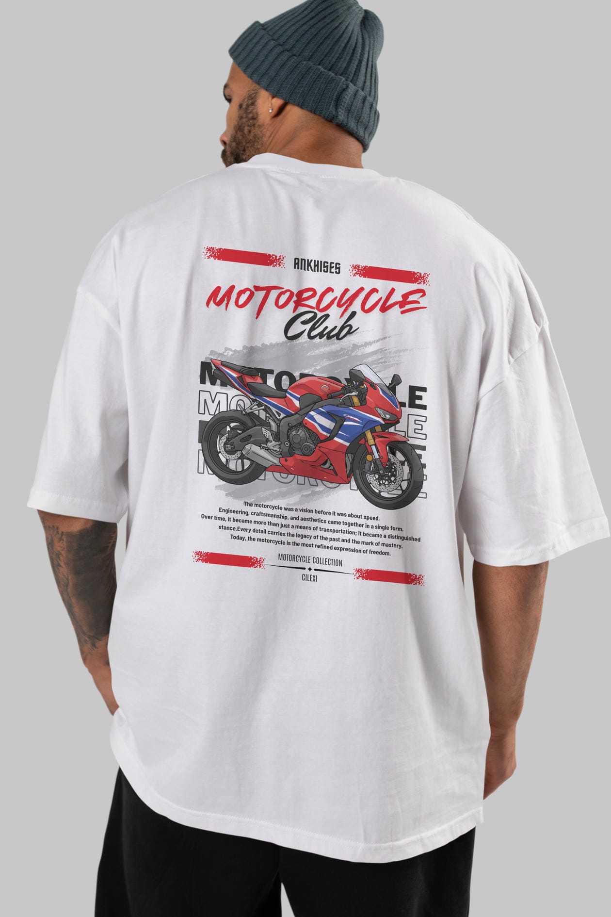 Motosiklet Serisi 25 Arka Baskılı Oversize t-shirt Erkek Kadın %100 Pamuk Bisiklet Yaka tişort