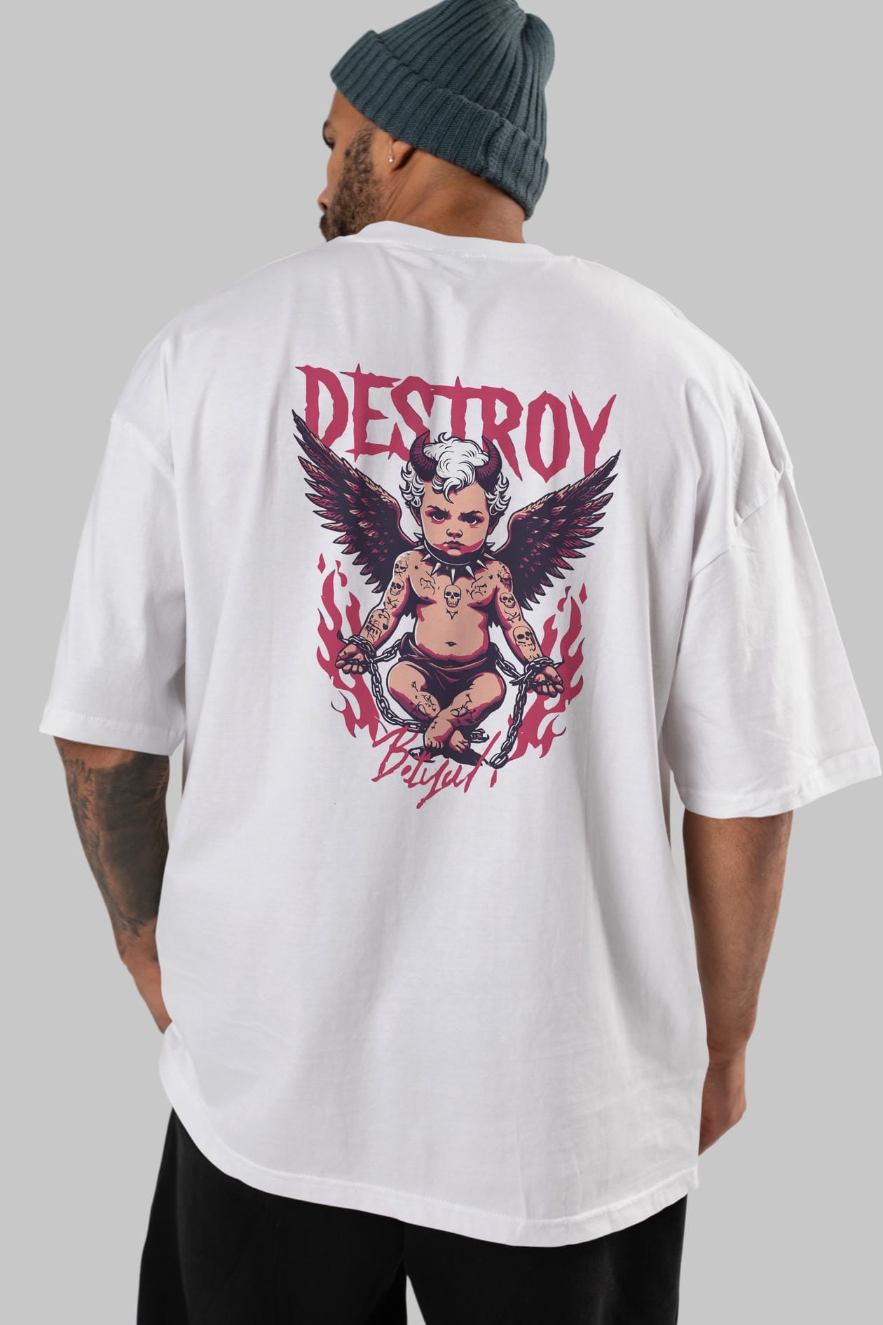 Destroy Arka Baskılı Oversize t-shirt Erkek Kadın %100 Pamuk Bisiklet Yaka tişort
