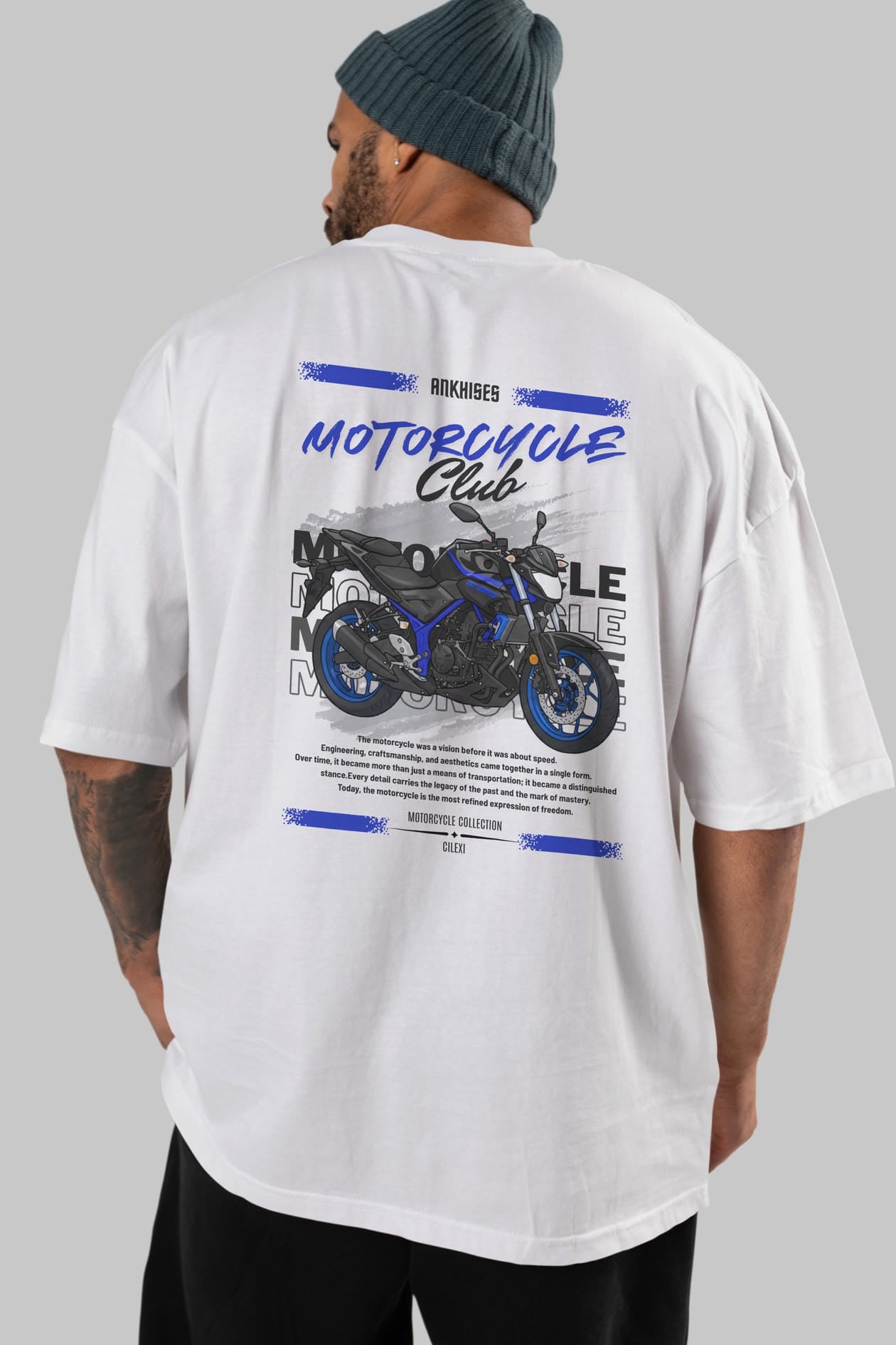Motosiklet Serisi 22 Arka Baskılı Oversize t-shirt Erkek Kadın %100 Pamuk Bisiklet Yaka tişort