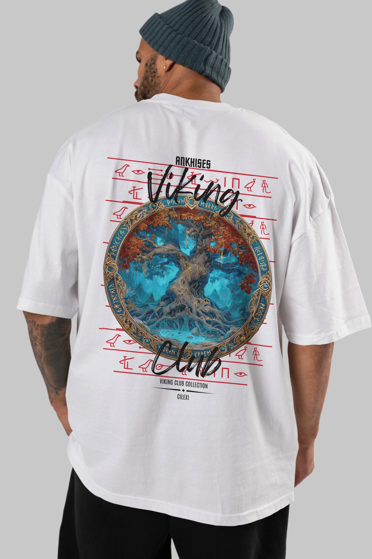 Yggdrasil Arka Baskılı Oversize t-shirt Erkek Kadın %100 Pamuk Bisiklet Yaka tişort