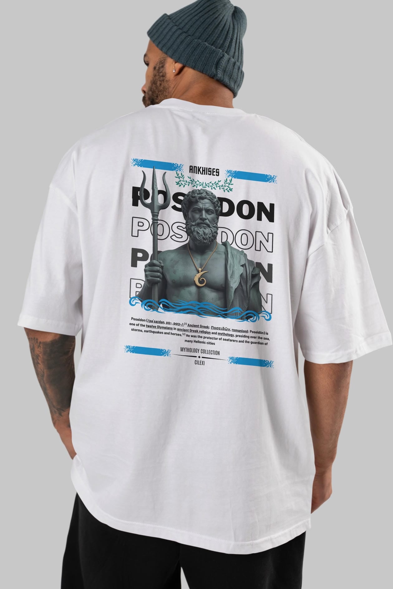 Poseidon 1 Arka Baskılı Oversize t-shirt Erkek Kadın %100 Pamuk Bisiklet Yaka tişort
