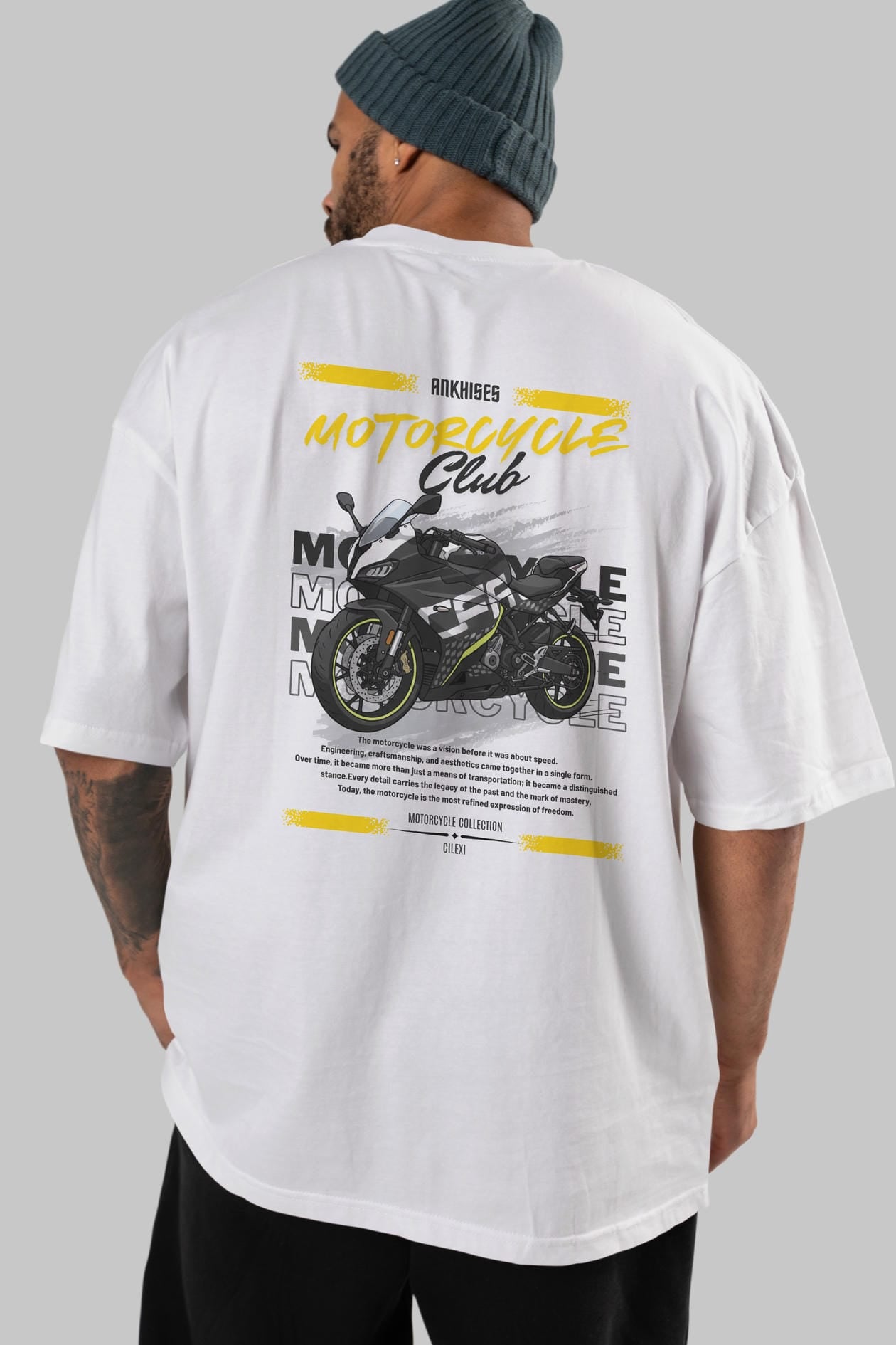 Motosiklet Serisi 16 Arka Baskılı Oversize t-shirt Erkek Kadın %100 Pamuk Bisiklet Yaka tişort