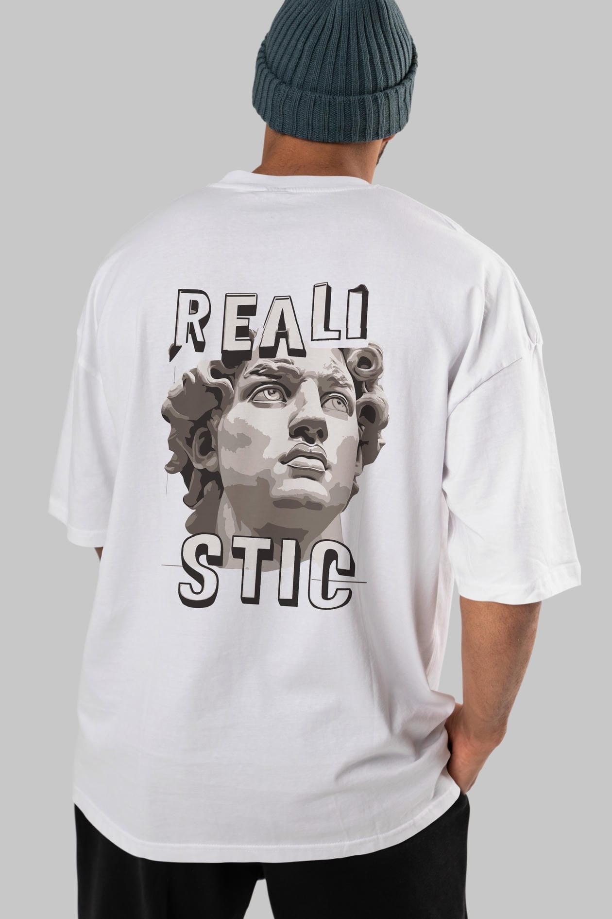 Realistic Arka Baskılı Oversize t-shirt Erkek Kadın %100 Pamuk Bisiklet Yaka tişort
