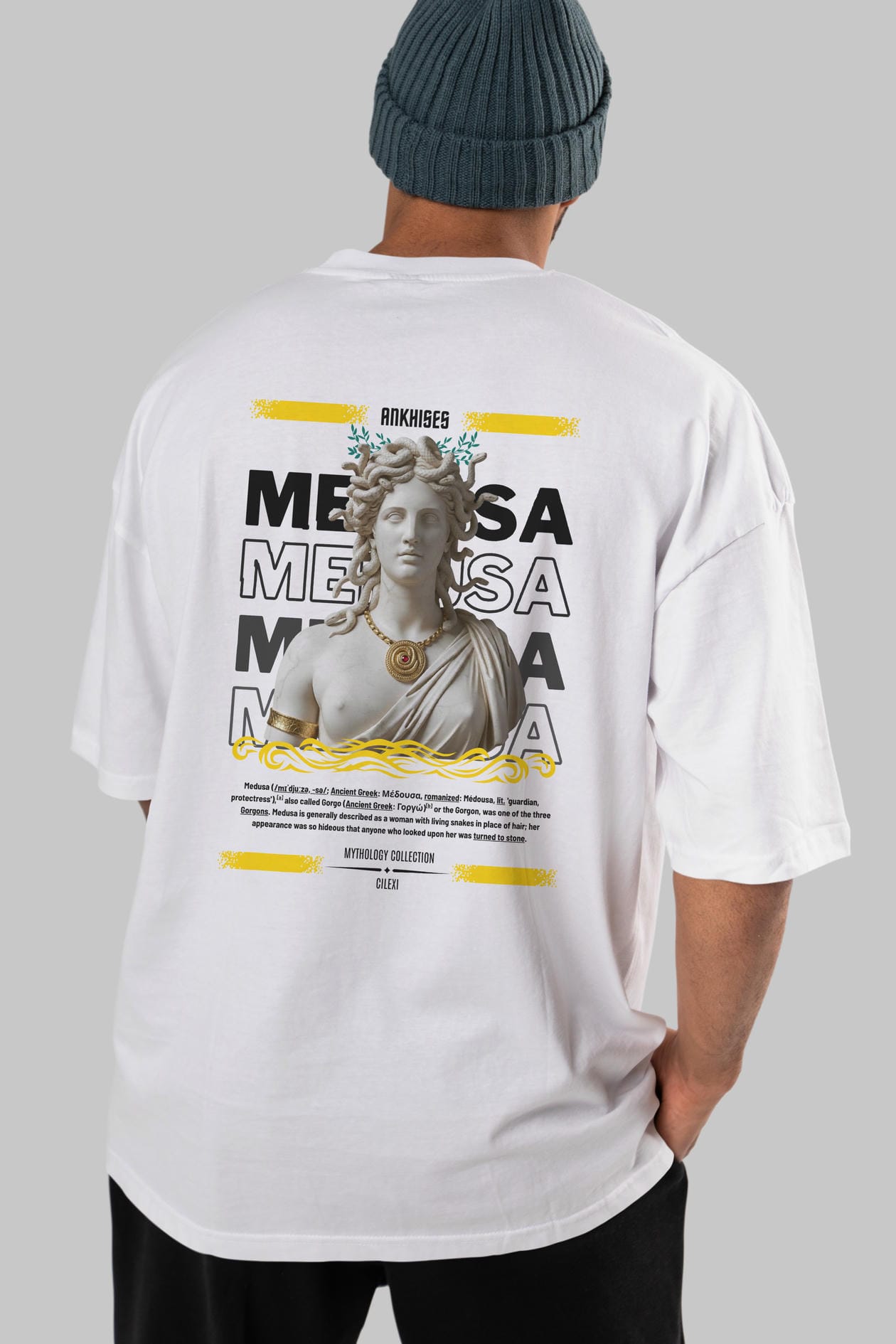 Medusa 3 Arka Baskılı Oversize t-shirt Erkek Kadın %100 Pamuk Bisiklet Yaka tişort