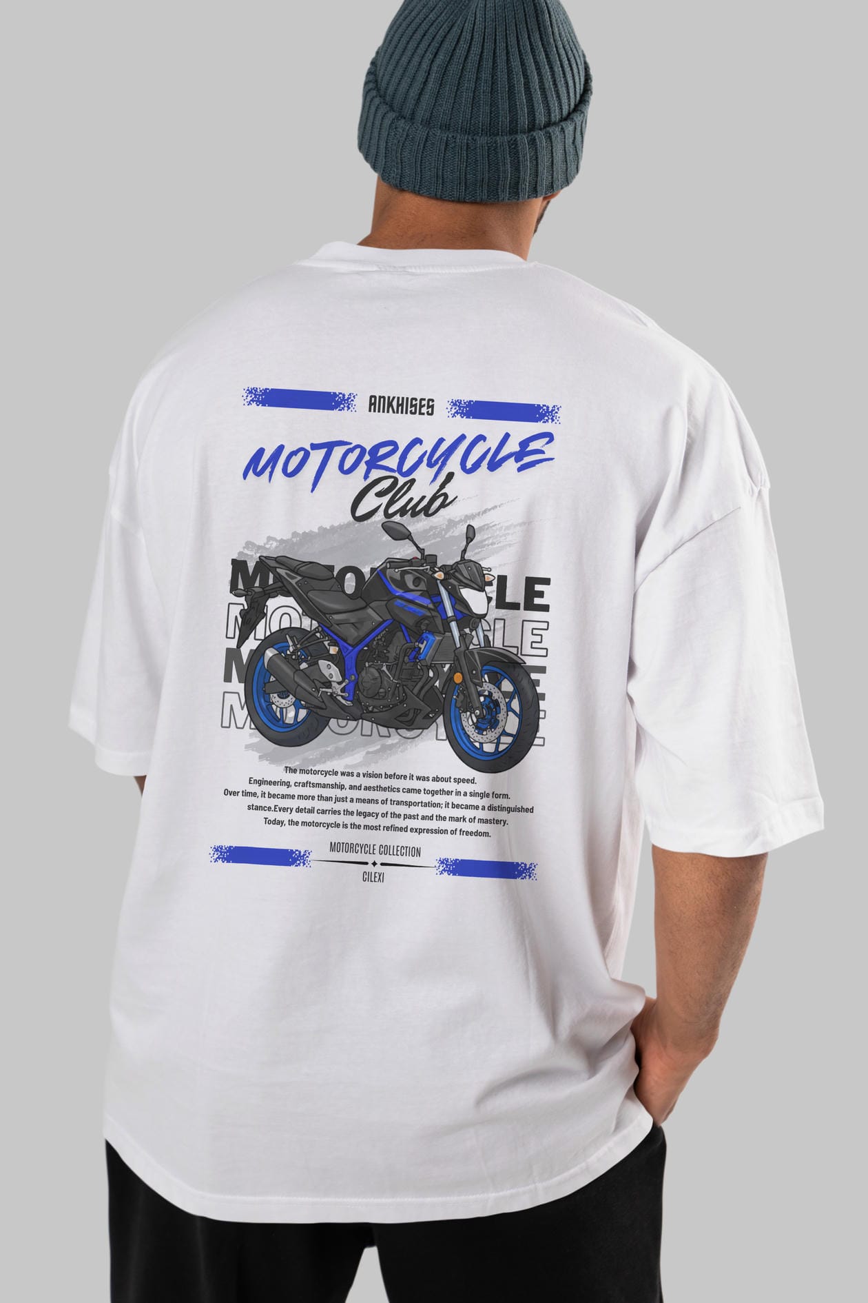 Motosiklet Serisi 22 Arka Baskılı Oversize t-shirt Erkek Kadın %100 Pamuk Bisiklet Yaka tişort