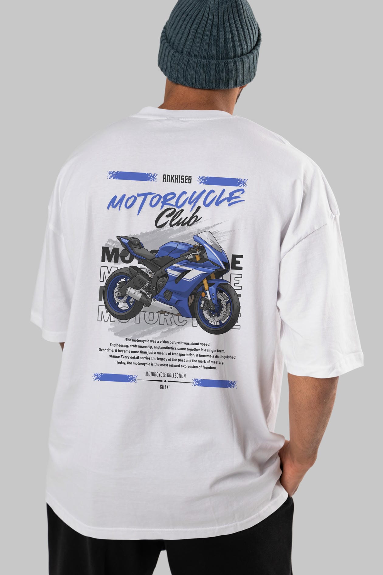 Motosiklet Serisi 32 Arka Baskılı Oversize t-shirt Erkek Kadın %100 Pamuk Bisiklet Yaka tişort