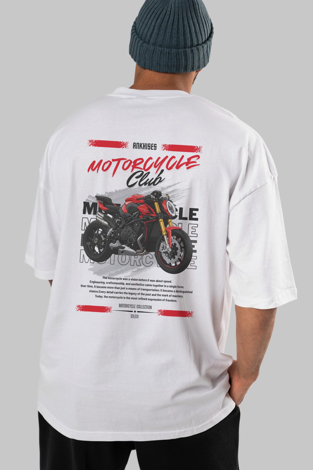 Motosiklet Serisi 26 Arka Baskılı Oversize t-shirt Erkek Kadın %100 Pamuk Bisiklet Yaka tişort