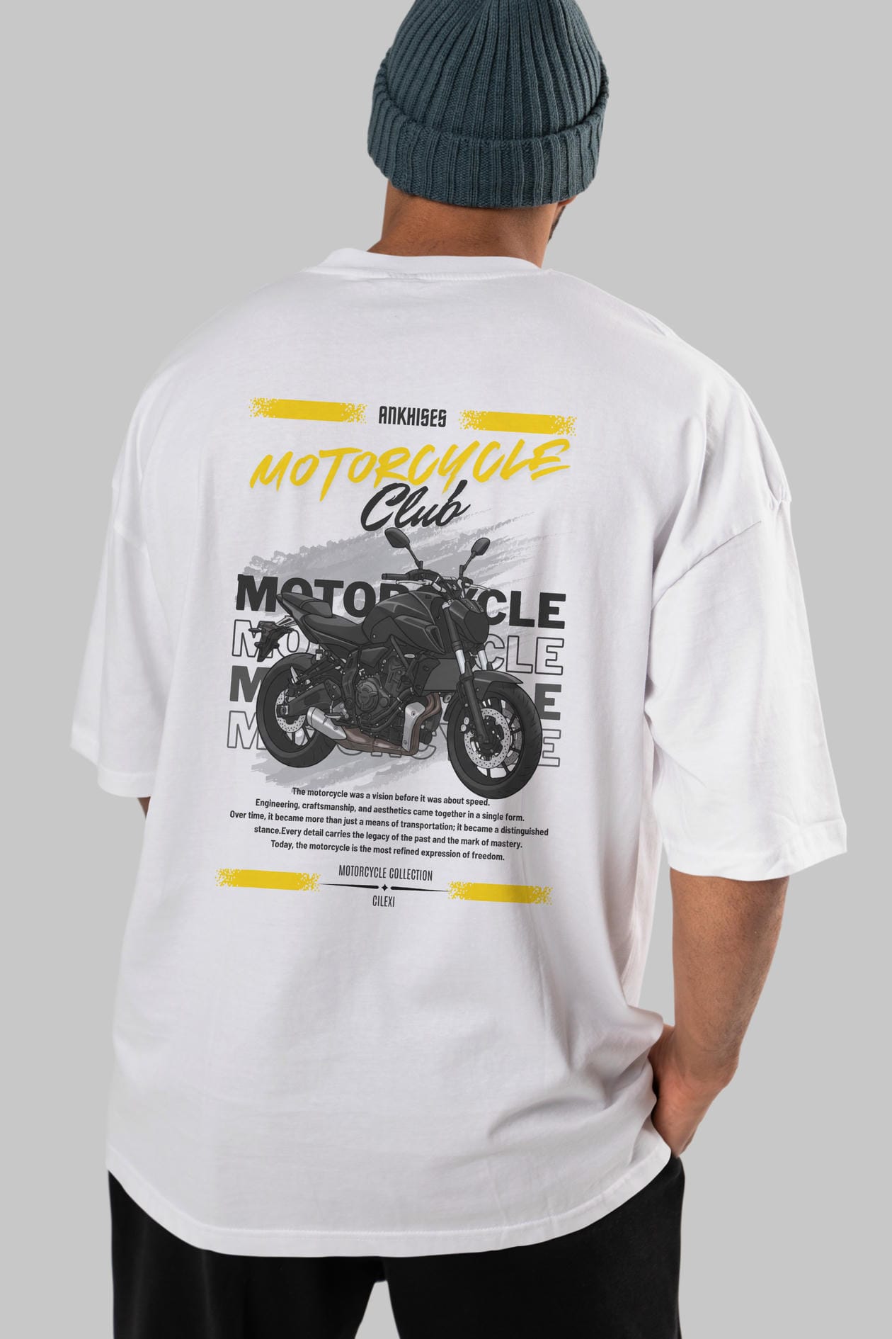 Motosiklet Serisi 20 Arka Baskılı Oversize t-shirt Erkek Kadın %100 Pamuk Bisiklet Yaka tişort