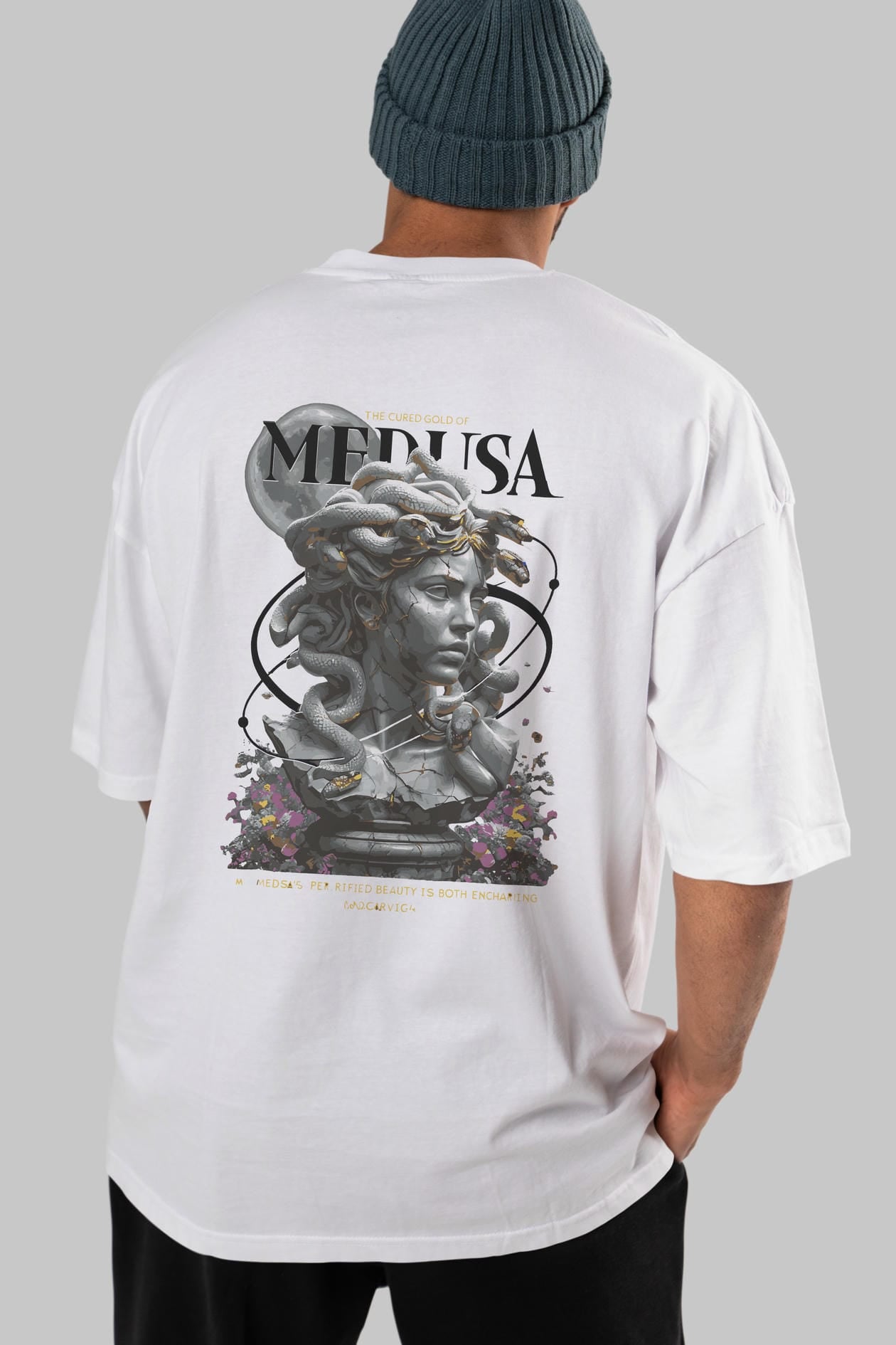 Medusa Arka Baskılı Oversize t-shirt Erkek Kadın %100 Pamuk Bisiklet Yaka tişort