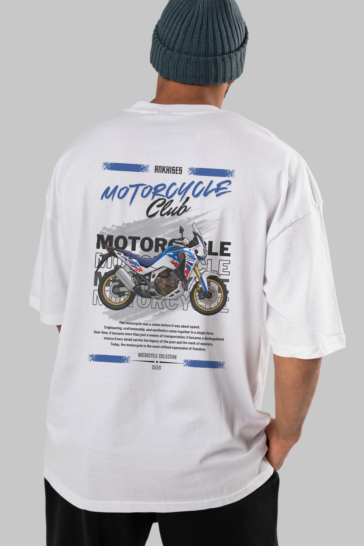 Motosiklet Serisi 23 Arka Baskılı Oversize t-shirt Erkek Kadın %100 Pamuk Bisiklet Yaka tişort