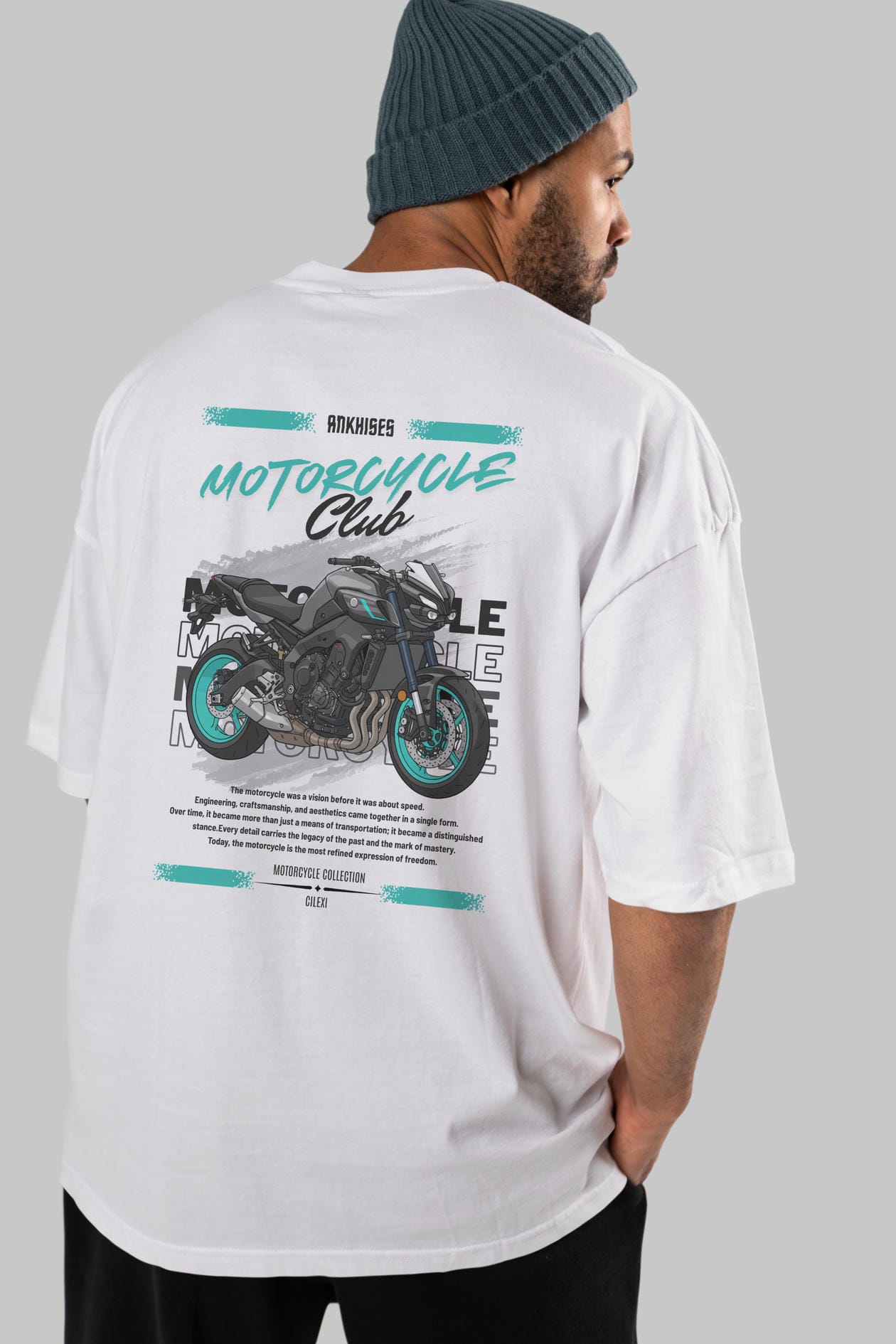 Motosiklet Serisi 21 Arka Baskılı Oversize t-shirt Erkek Kadın %100 Pamuk Bisiklet Yaka tişort