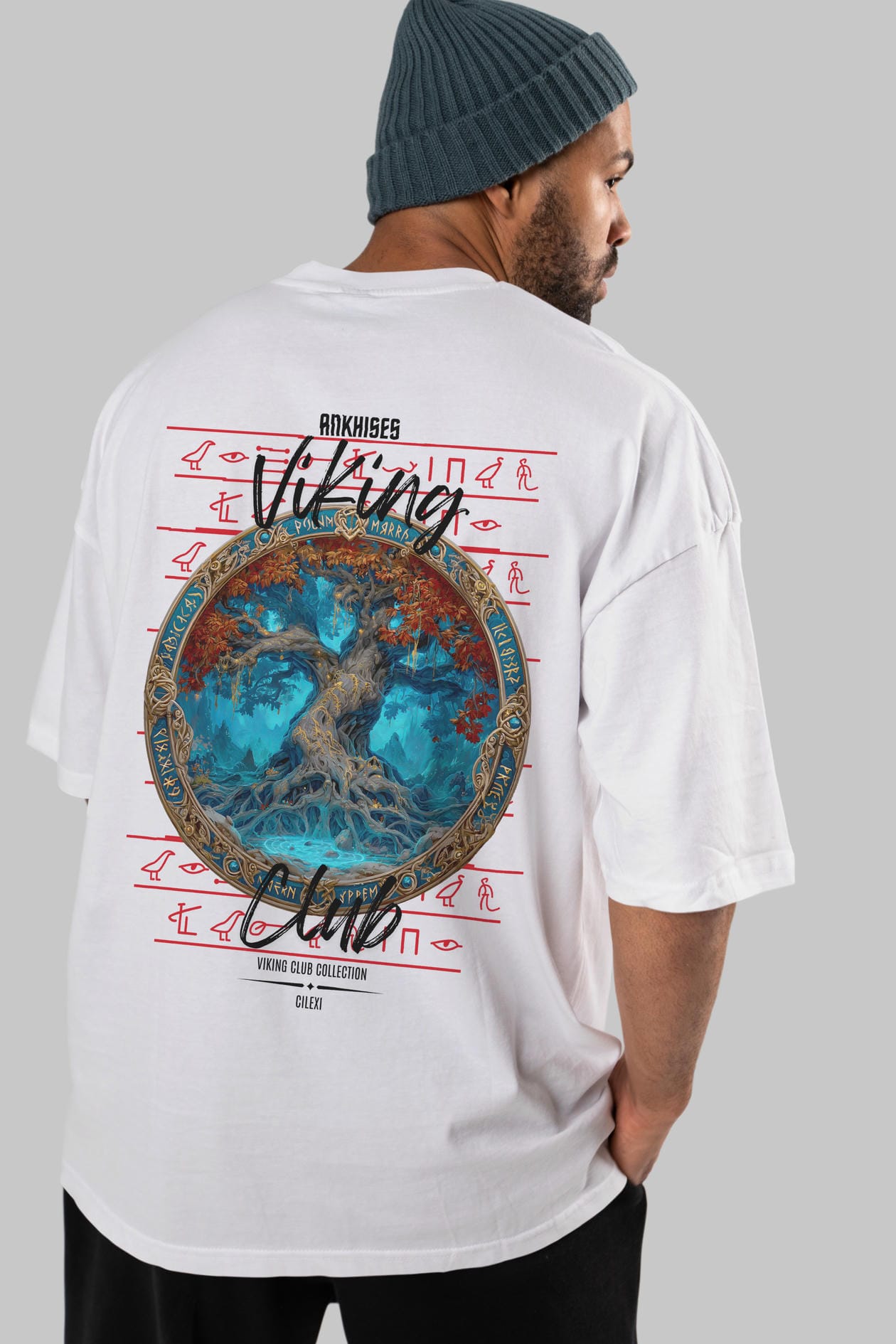 Yggdrasil Arka Baskılı Oversize t-shirt Erkek Kadın %100 Pamuk Bisiklet Yaka tişort