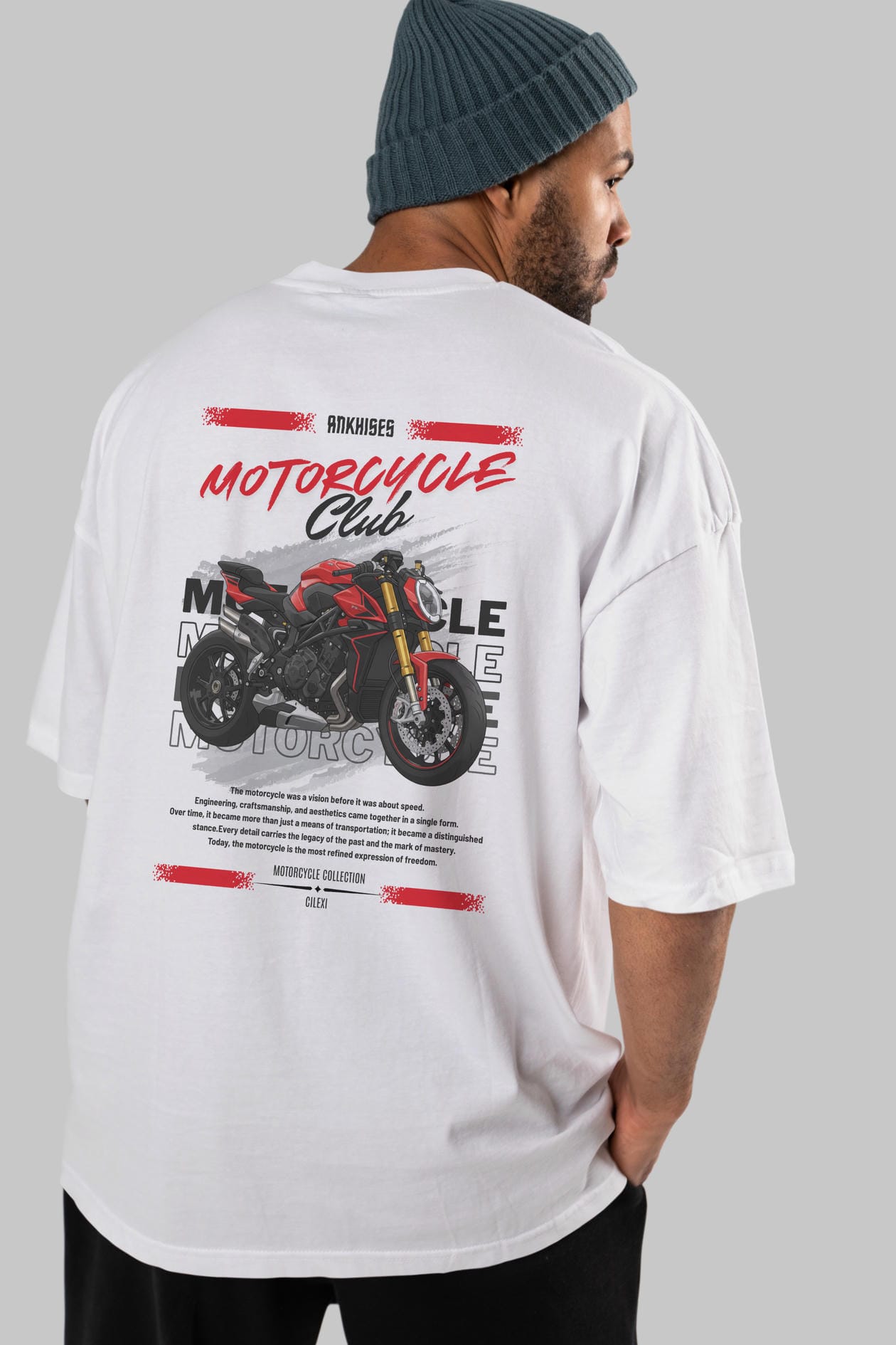 Motosiklet Serisi 26 Arka Baskılı Oversize t-shirt Erkek Kadın %100 Pamuk Bisiklet Yaka tişort