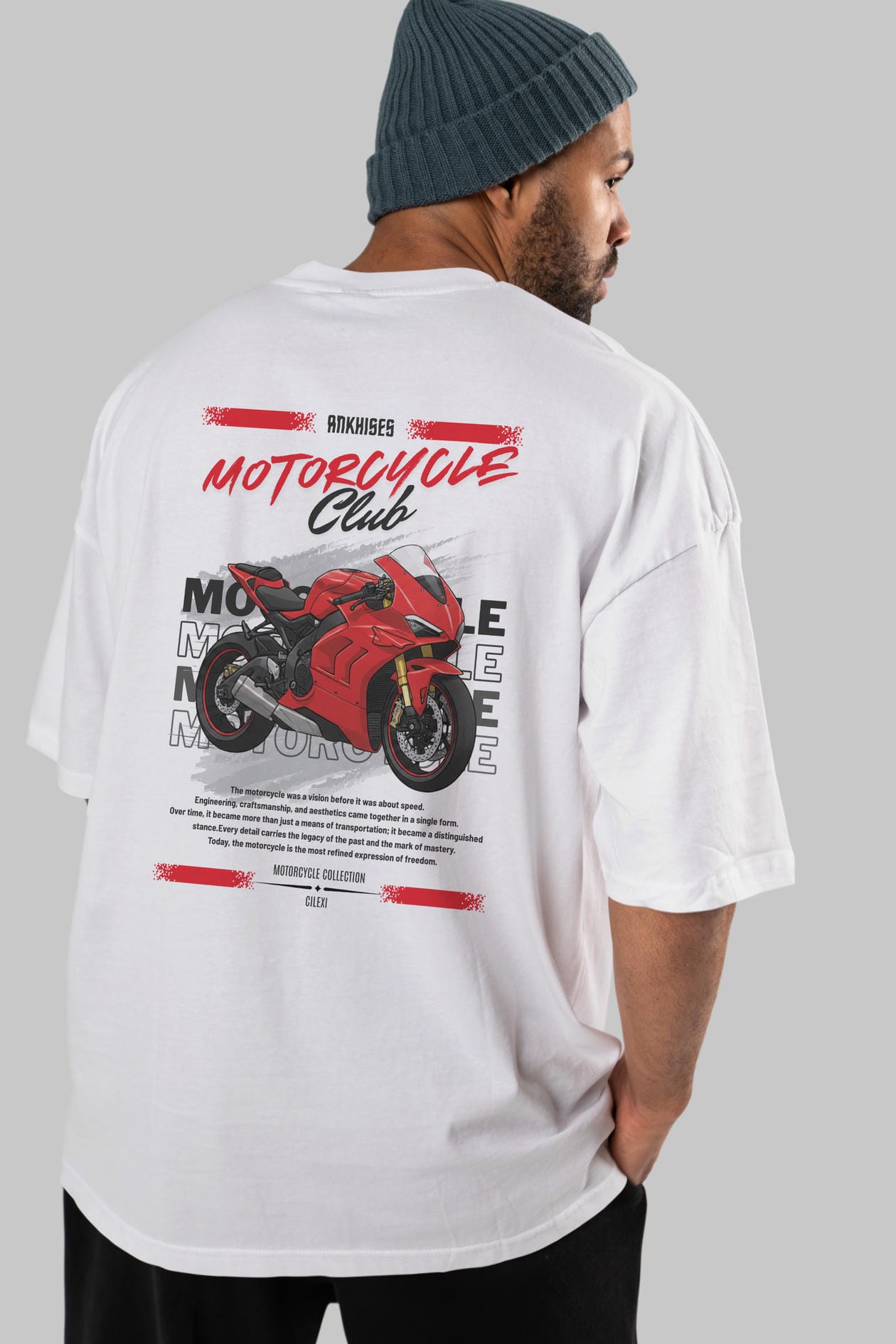 Motosiklet Serisi 7 Arka Baskılı Oversize t-shirt Erkek Kadın %100 Pamuk Bisiklet Yaka tişort