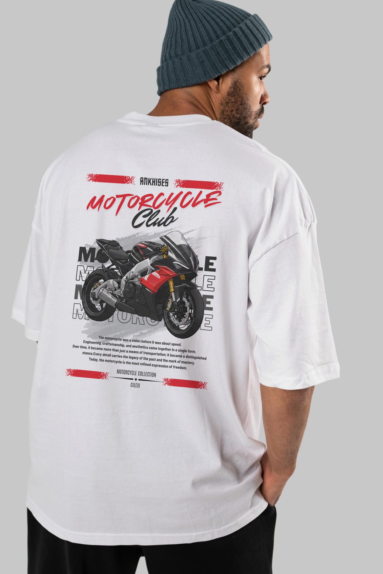 Motosiklet Serisi 8 Arka Baskılı Oversize t-shirt Erkek Kadın %100 Pamuk Bisiklet Yaka tişort
