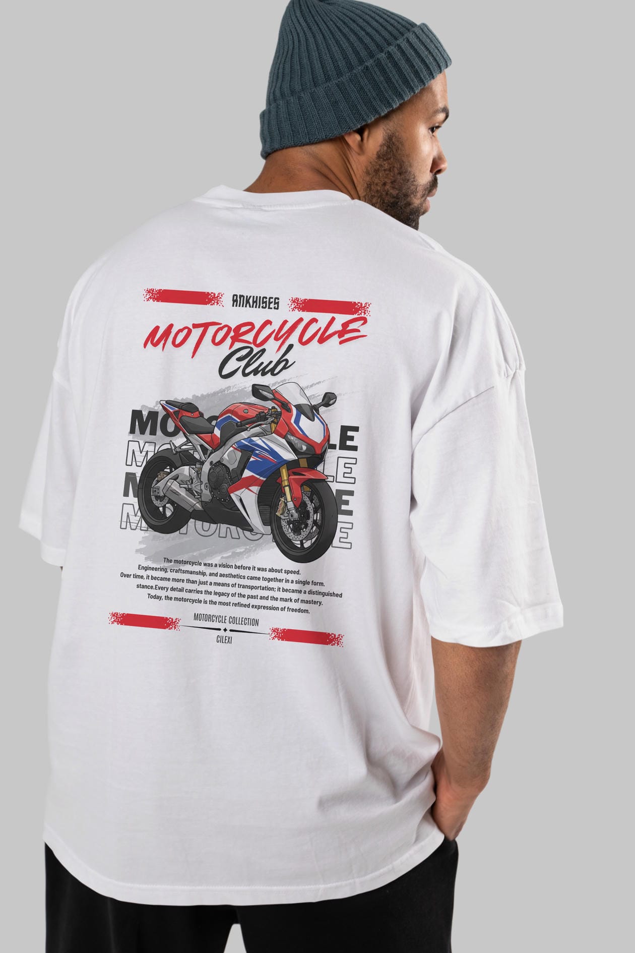 Motosiklet Serisi 4 Arka Baskılı Oversize t-shirt Erkek Kadın %100 Pamuk Bisiklet Yaka tişort