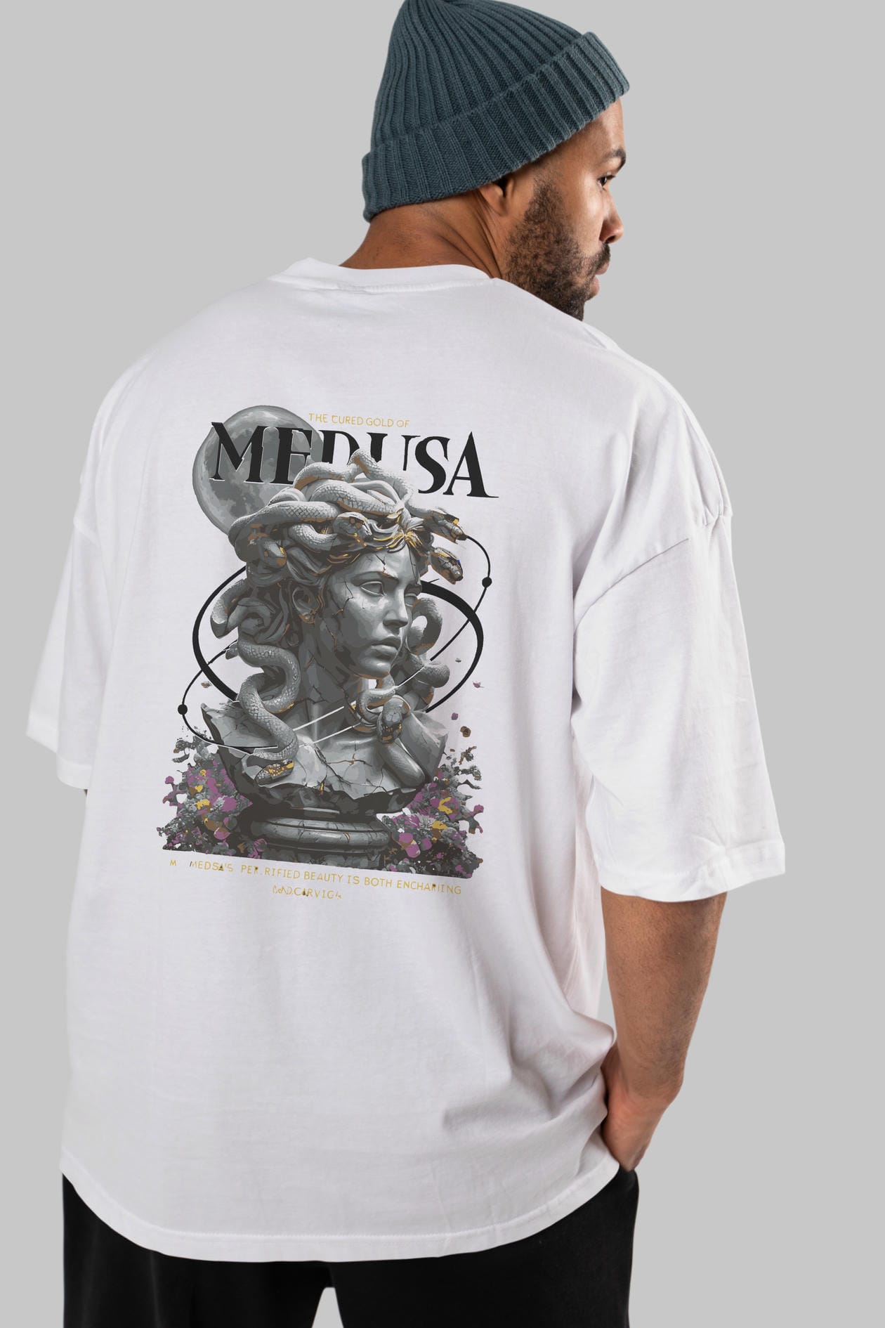Medusa Arka Baskılı Oversize t-shirt Erkek Kadın %100 Pamuk Bisiklet Yaka tişort