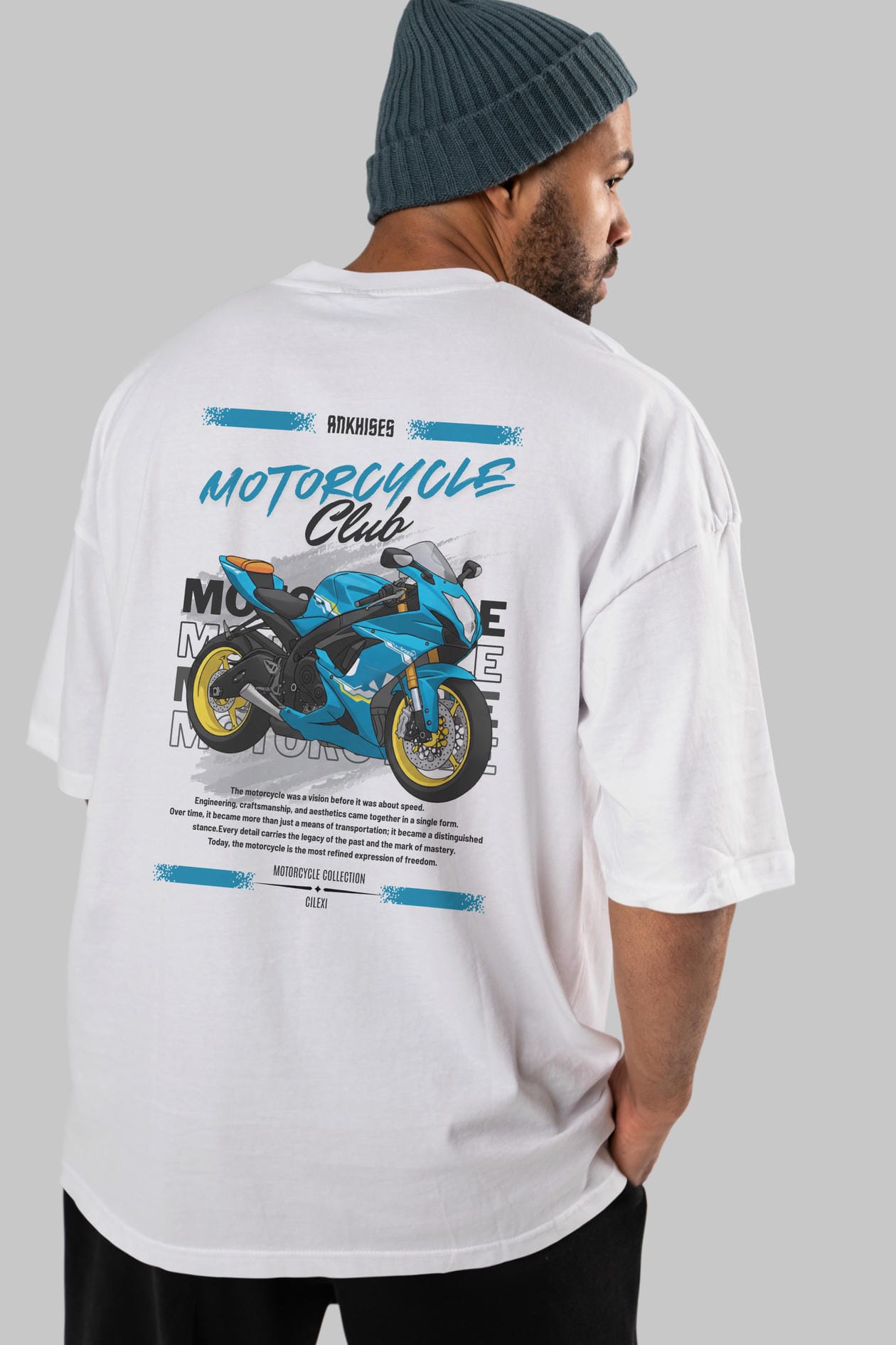 Motosiklet Serisi 11 Arka Baskılı Oversize t-shirt Erkek Kadın %100 Pamuk Bisiklet Yaka tişort