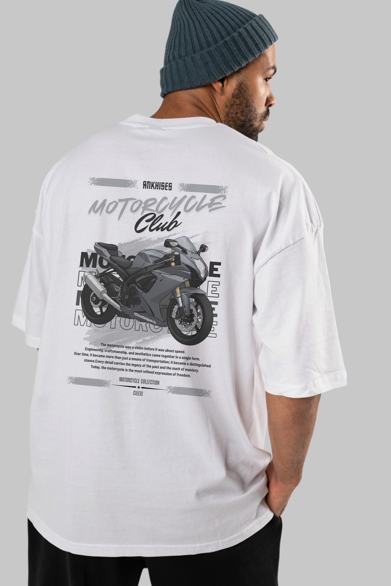 Motosiklet Serisi 10 Arka Baskılı Oversize t-shirt Erkek Kadın %100 Pamuk Bisiklet Yaka tişort