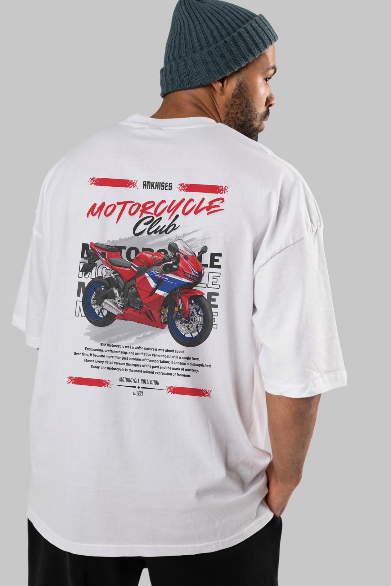 Motosiklet Serisi 24 Arka Baskılı Oversize t-shirt Erkek Kadın %100 Pamuk Bisiklet Yaka tişort