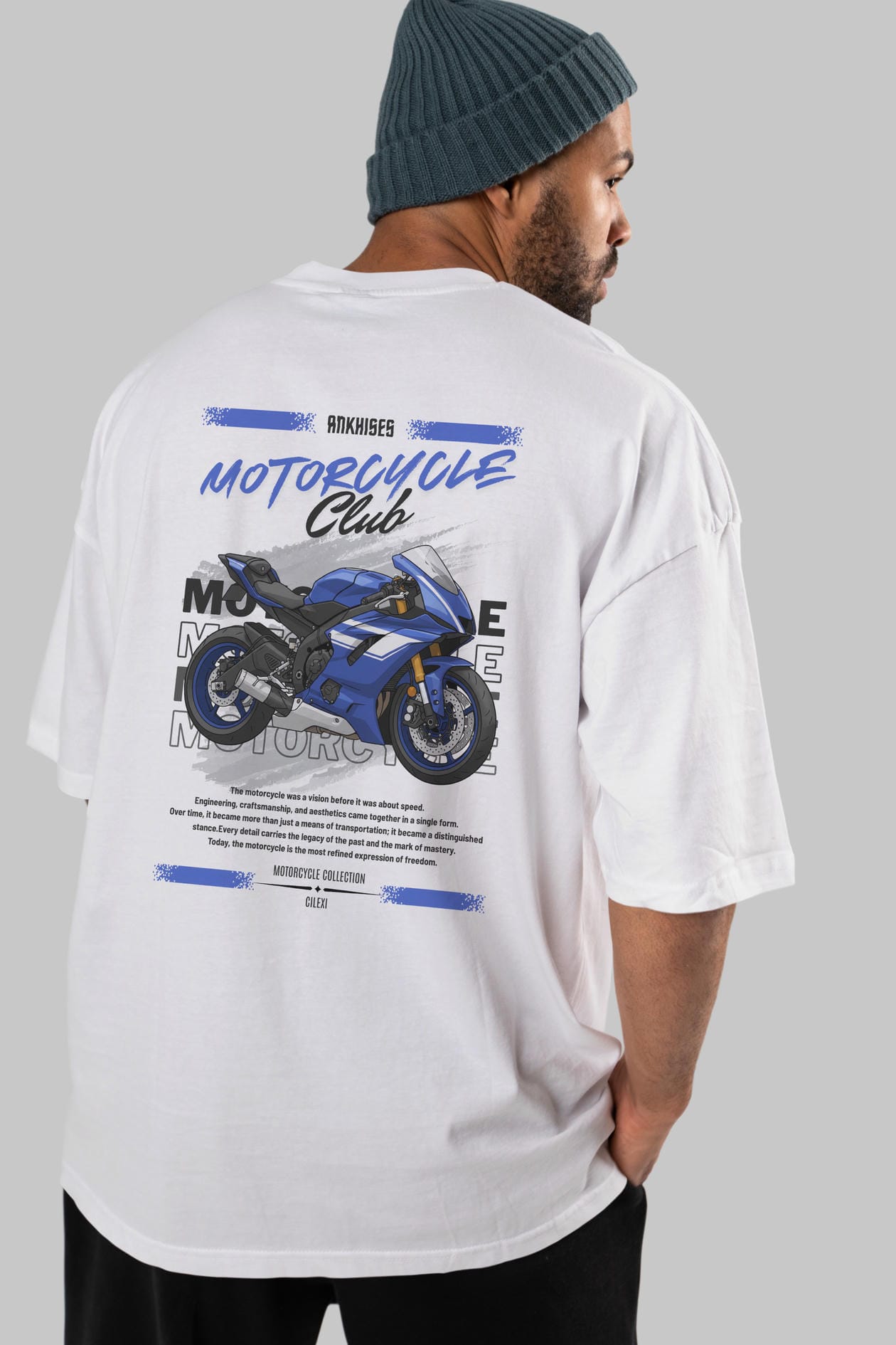 Motosiklet Serisi 32 Arka Baskılı Oversize t-shirt Erkek Kadın %100 Pamuk Bisiklet Yaka tişort