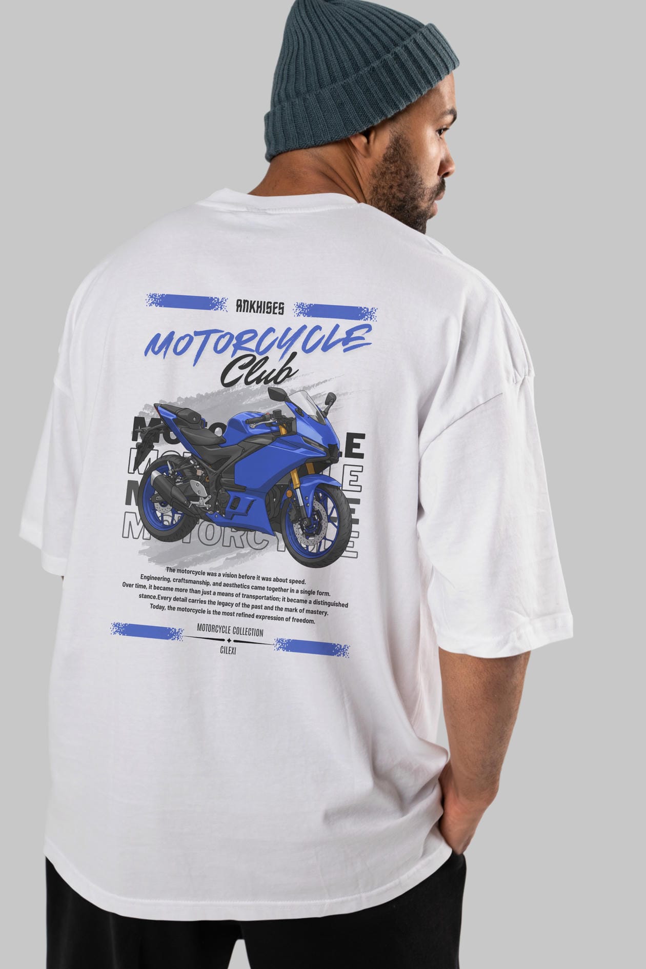 Motosiklet Serisi 33 Arka Baskılı Oversize t-shirt Erkek Kadın %100 Pamuk Bisiklet Yaka tişort