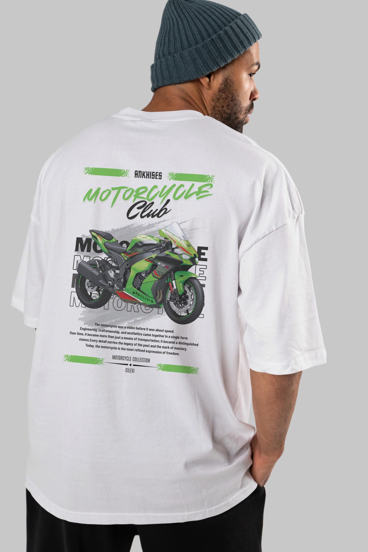 Motosiklet Serisi 14 Arka Baskılı Oversize t-shirt Erkek Kadın %100 Pamuk Bisiklet Yaka tişort