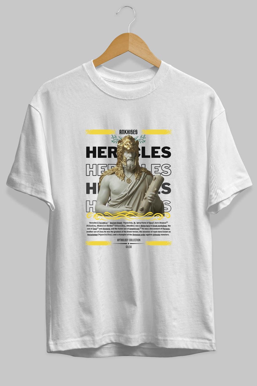Heracles 1 ön Baskılı Oversize t-shirt Erkek Kadın %100 Pamuk Bisiklet Yaka tişort