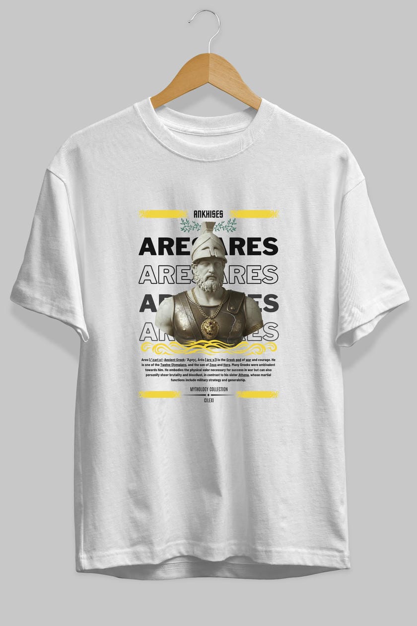 Ares 2 ön Baskılı Oversize t-shirt Erkek Kadın %100 Pamuk Bisiklet Yaka tişort