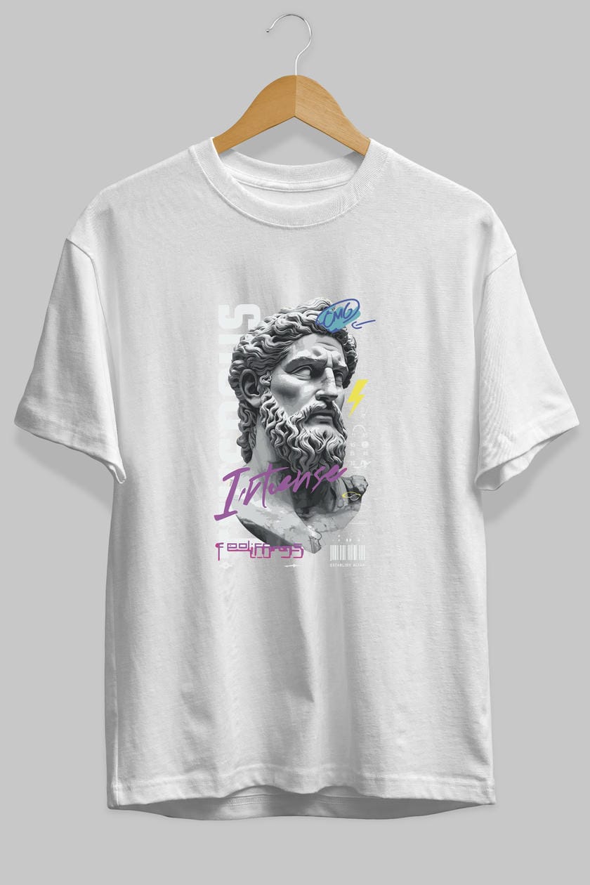 Zeus Intense ön Baskılı Oversize t-shirt Erkek Kadın %100 Pamuk Bisiklet Yaka tişort