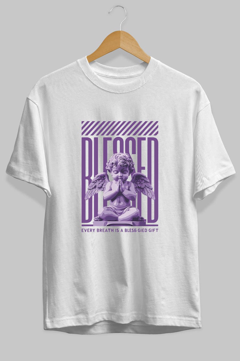 Blessed ön Baskılı Oversize t-shirt Erkek Kadın %100 Pamuk Bisiklet Yaka tişort