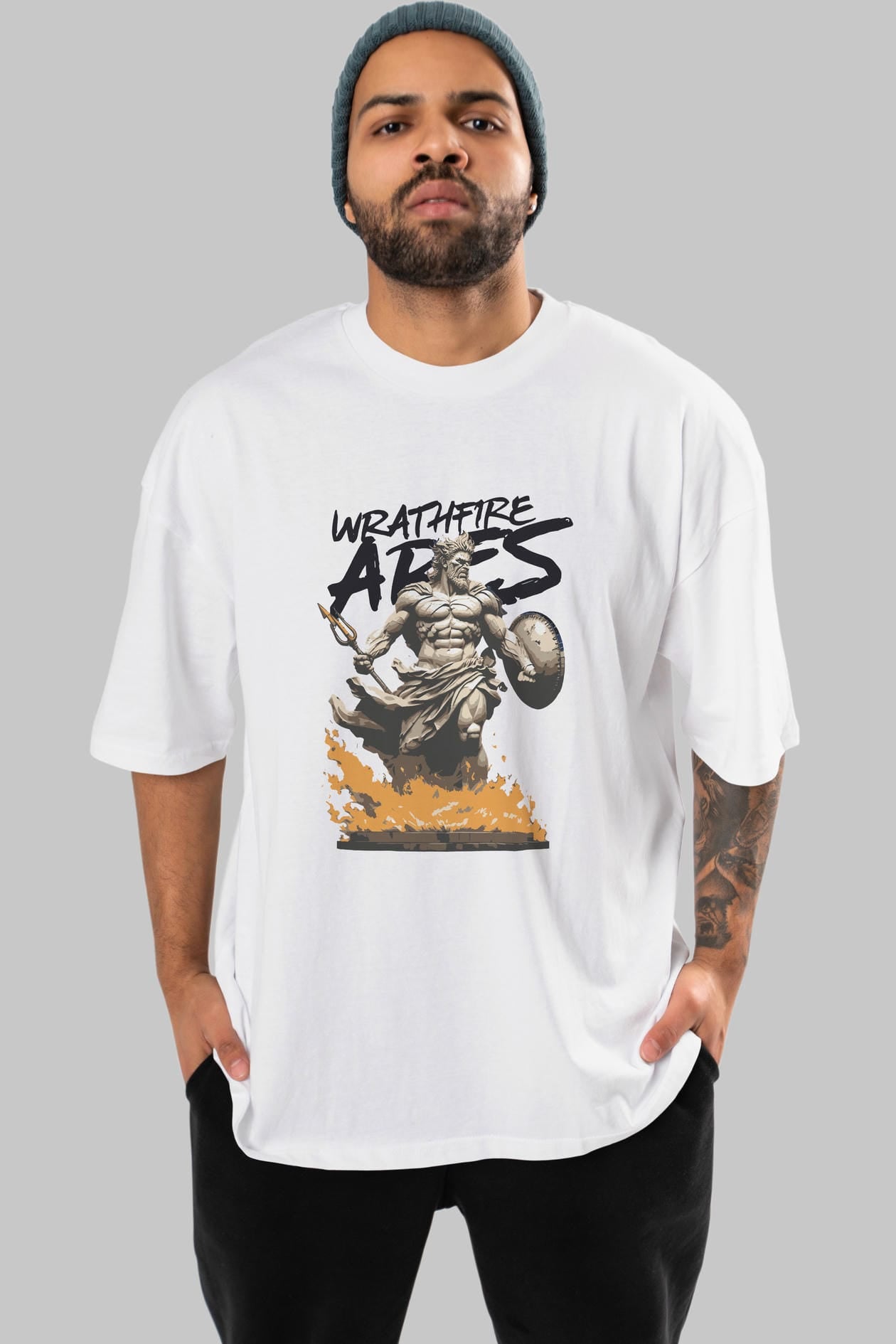WrathFire Ares ön Baskılı Oversize t-shirt Erkek Kadın %100 Pamuk Bisiklet Yaka tişort