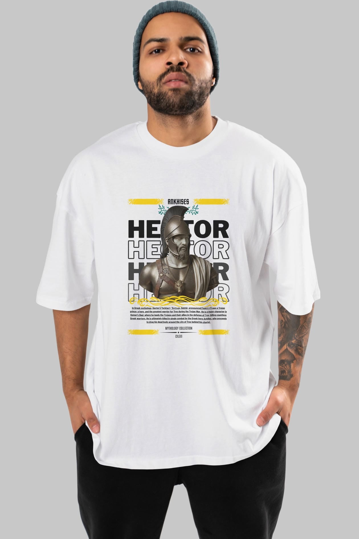 Hector 2 ön Baskılı Oversize t-shirt Erkek Kadın %100 Pamuk Bisiklet Yaka tişort