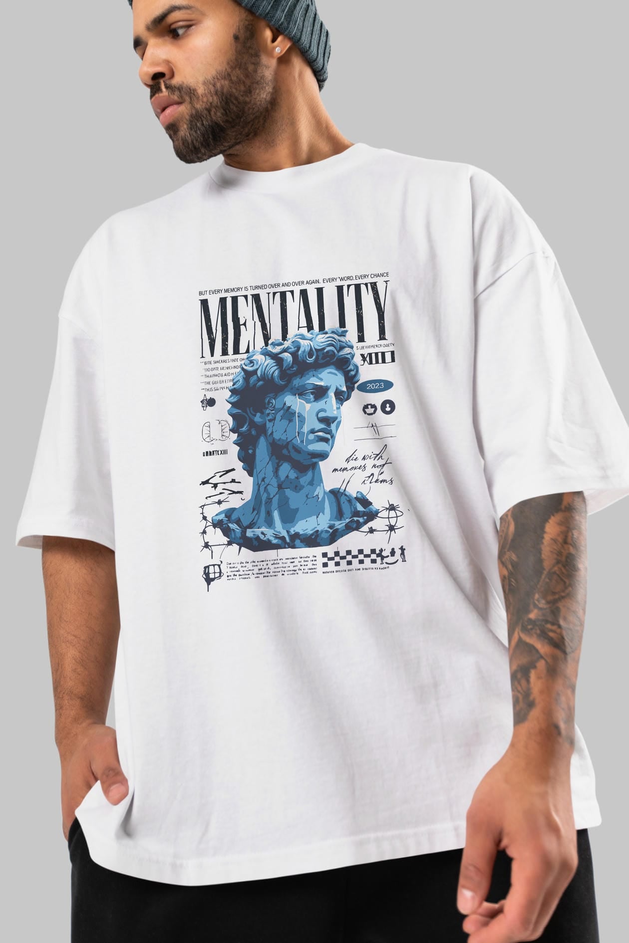 Mentality 2 ön Baskılı Oversize t-shirt Erkek Kadın %100 Pamuk Bisiklet Yaka tişort