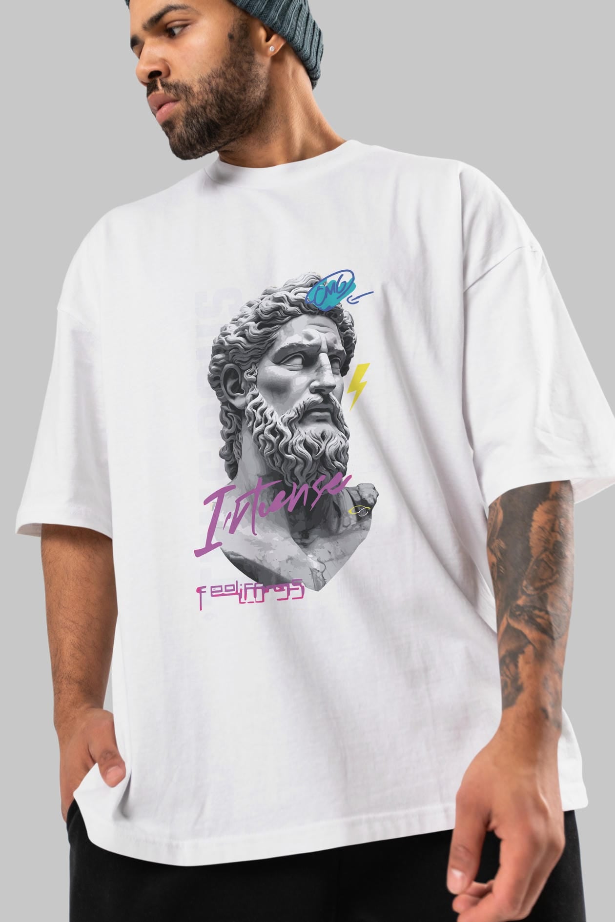 Zeus Intense ön Baskılı Oversize t-shirt Erkek Kadın %100 Pamuk Bisiklet Yaka tişort